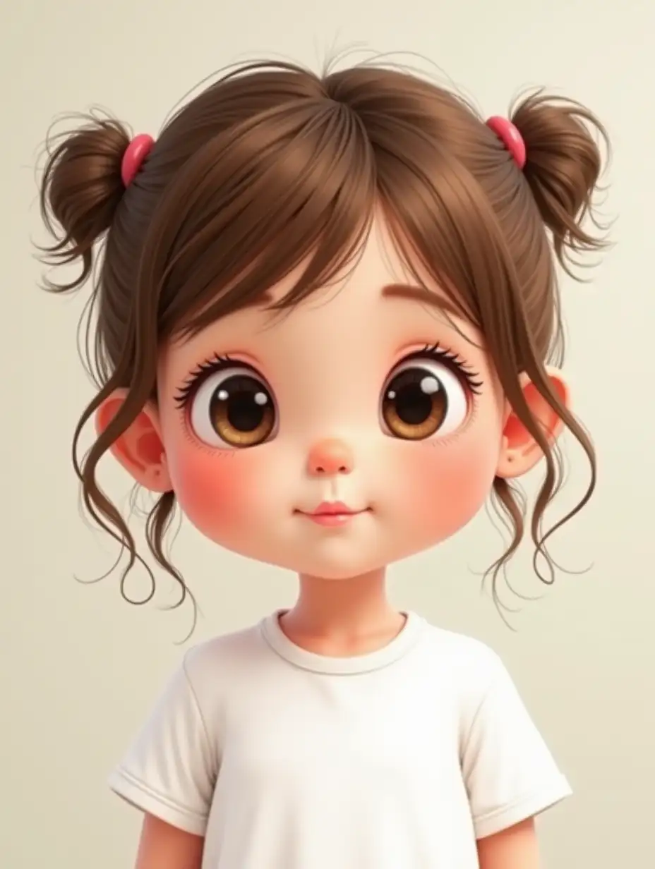 a little girl kid aged 2 years, doll-like face, half asian-eropean, white bright skin, big eyes, bronze hair, wearing white bright shirt, very sleepy face, cartoon style. variation 3