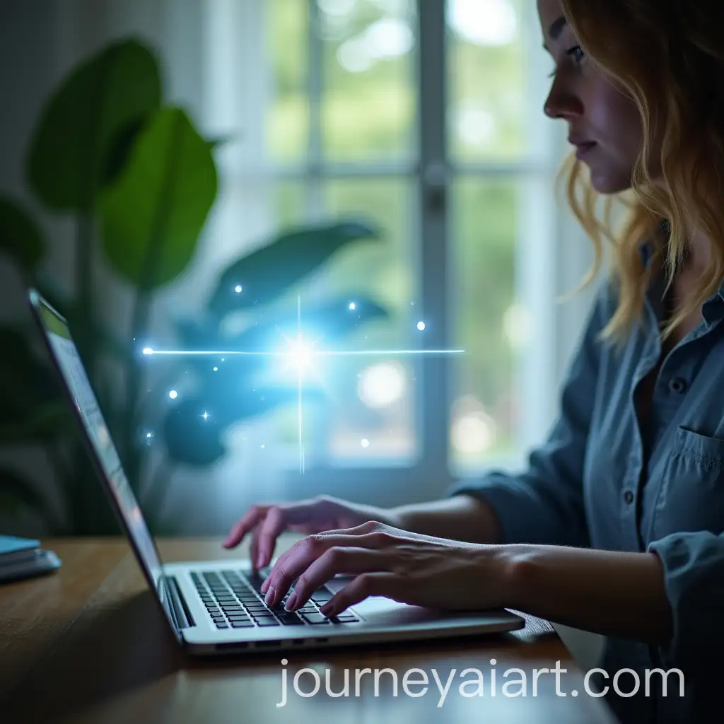 Business-Woman-Typing-on-Laptop-with-Luminous-Floating-Screen-in-Tropical-Setting
