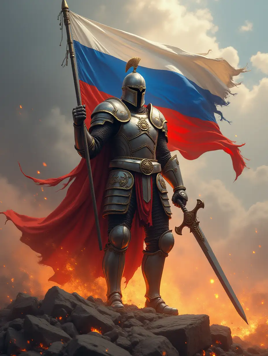 Divine and terrible Mars, in full armor, stands on the battlefield, in one hand unfurls the white-blue-red flag of Russia, in the other hand a punishing, burning sword.