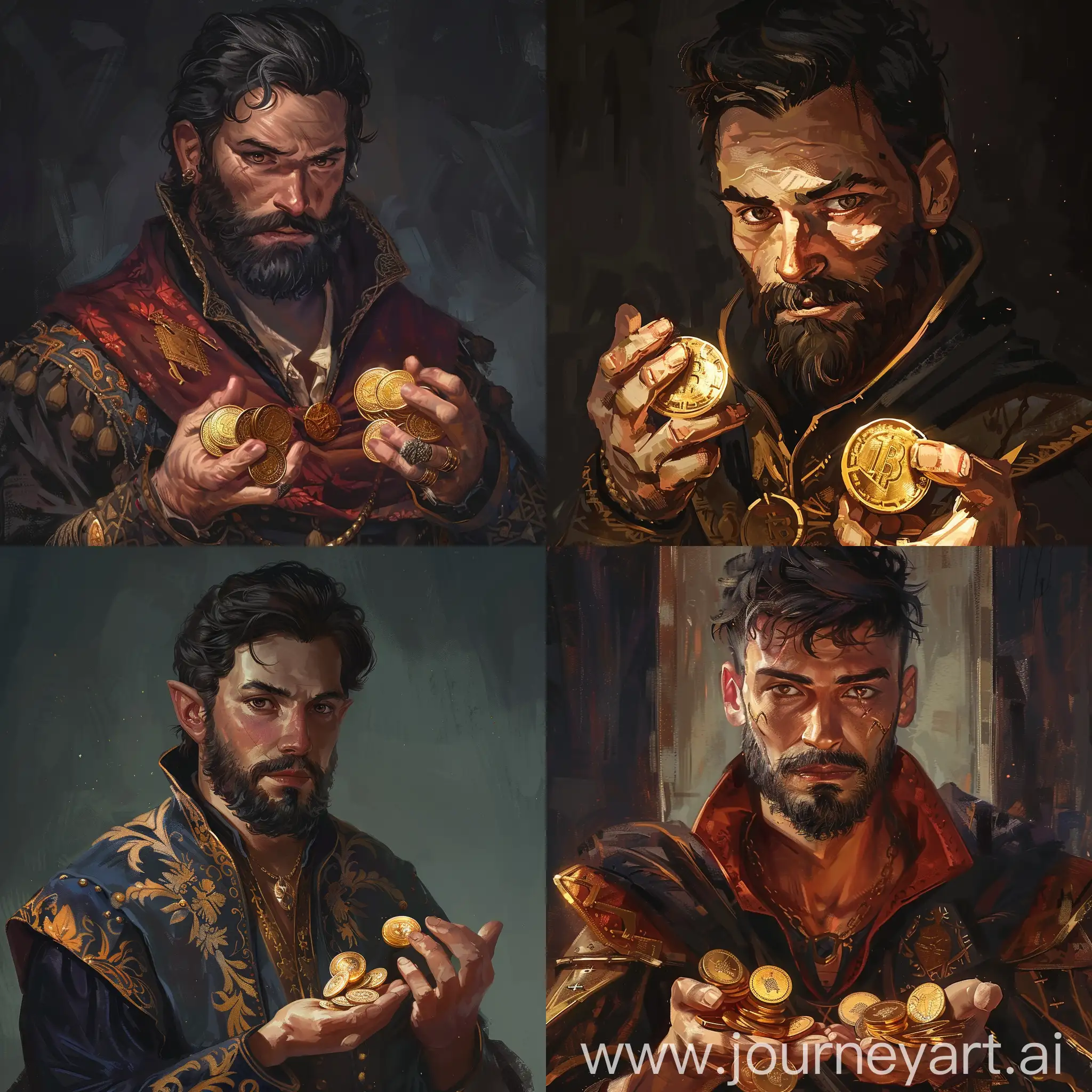 Medieval-Style-Portrait-of-Wealthy-BlackHaired-Man-Holding-Gold-Coins