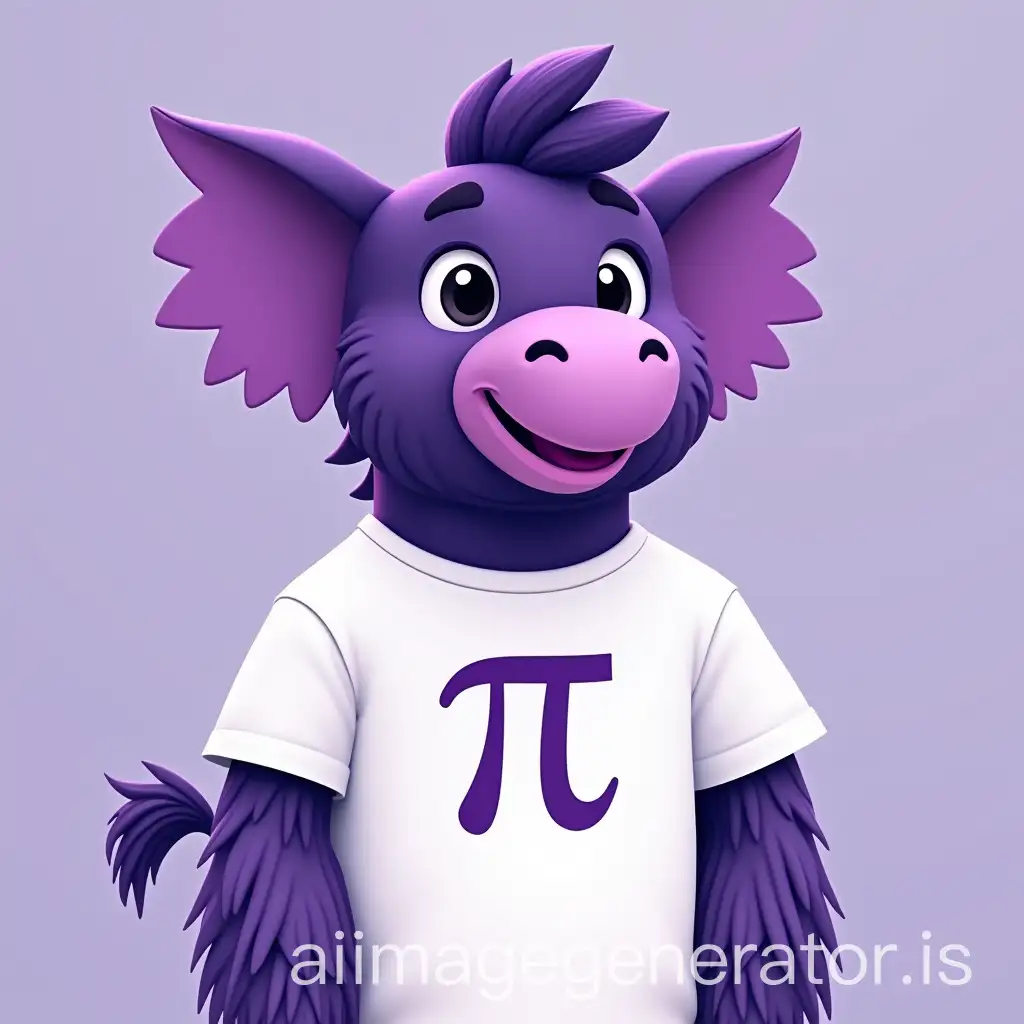 Our job is to help our clients to expand internationally. Our values are: international, overcoming, protection, diversity, excellence, collaboration, innovation, flexibility. Can you create a mascot for our company that embodies these values, which will be a mixture of a purple zebra, a purple owl, a purple elephant and a white rooster. The mascot should wear a white t-shirt with the logo of our company which is the symbol pi in purple.