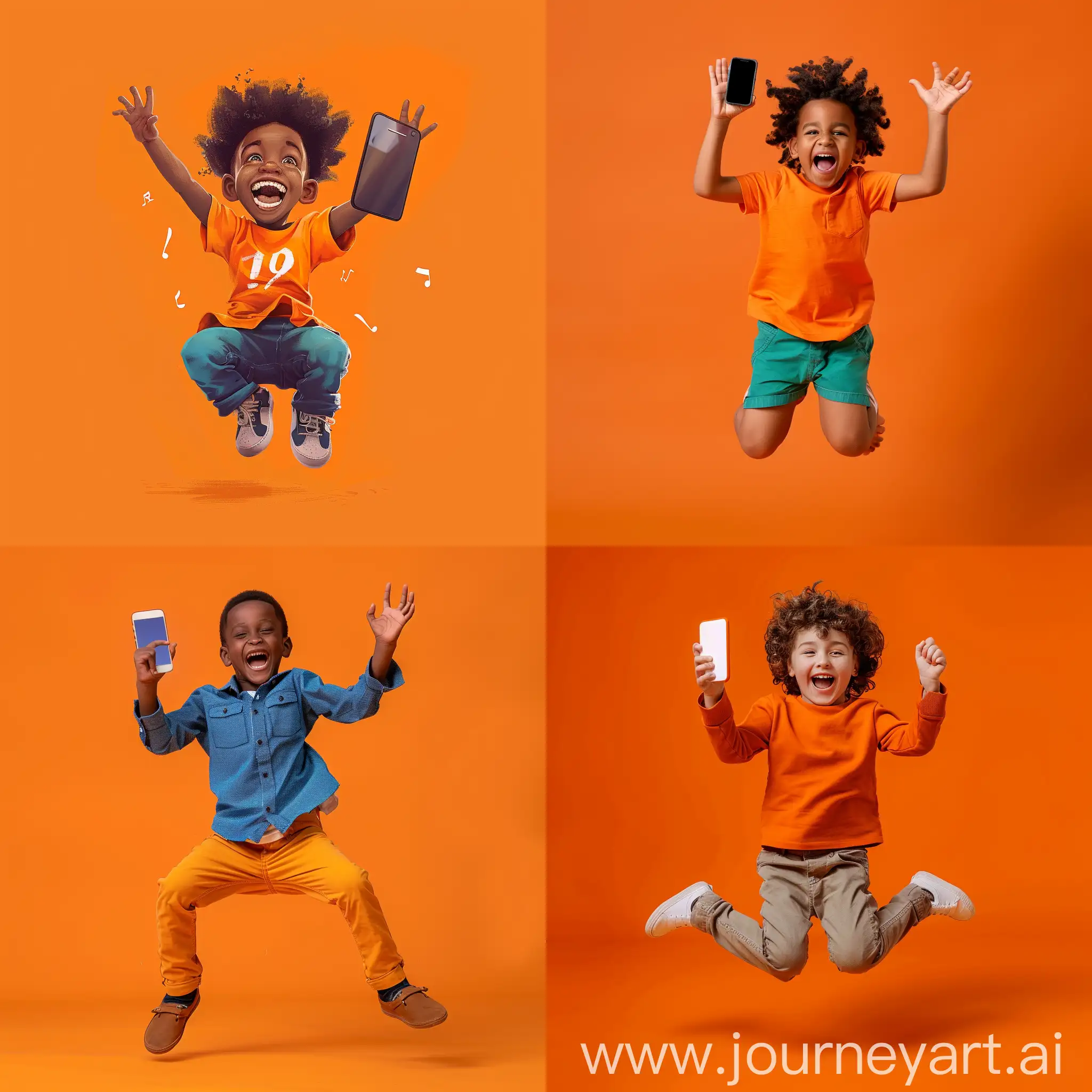 Happy-Young-Boy-Jumping-with-Touch-Screen-Mobile-Phone-on-Orange-Background