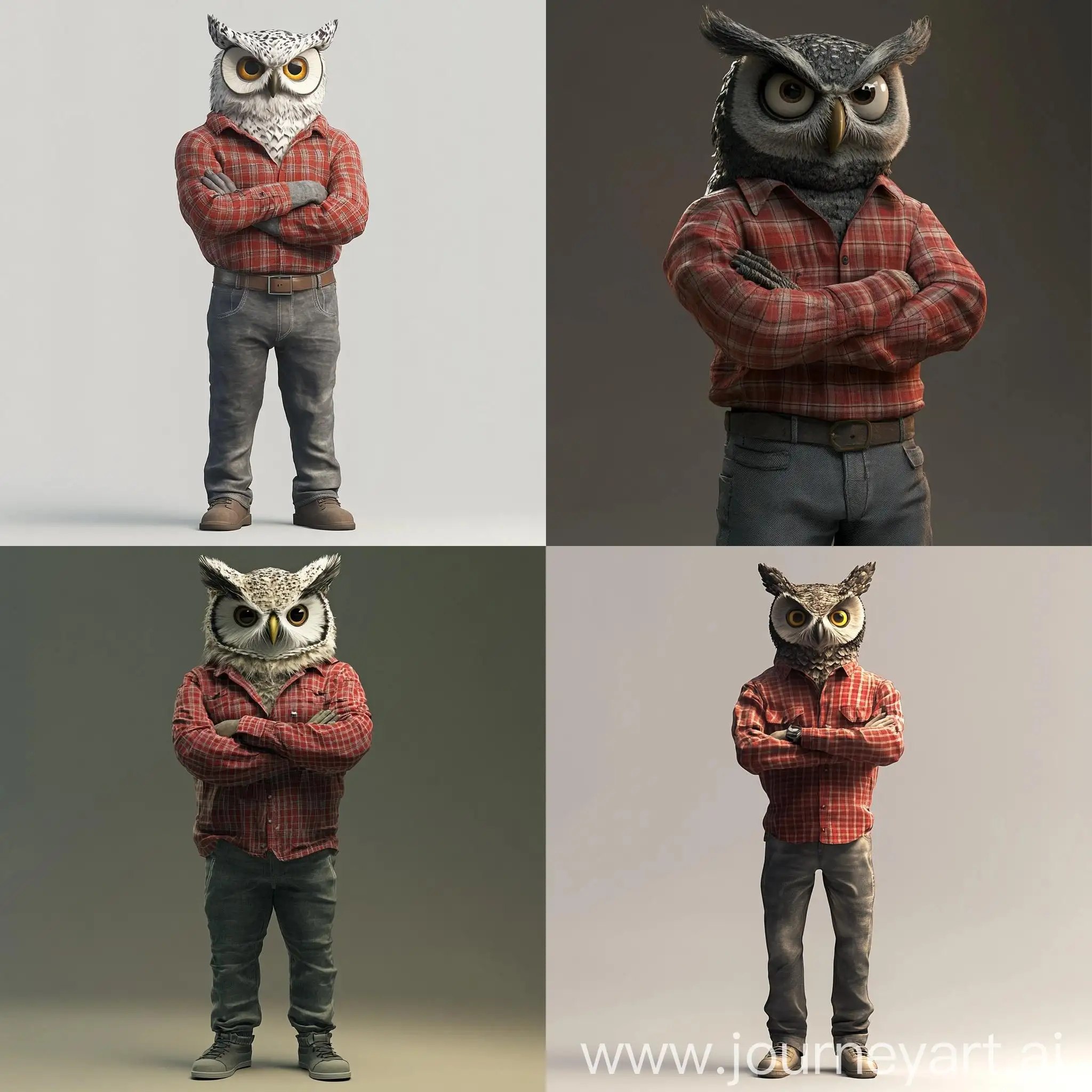 Man-with-Owl-Face-in-Red-and-Checked-Shirt-and-Gray-Pants-3D-Portrait