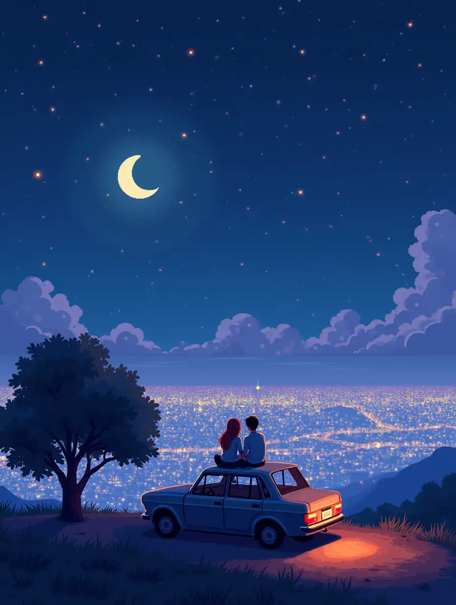 An aesthetic pixel art scene featuring a couple sitting on the roof of an old car, parked on a hilltop under a dreamy, starry night sky. The crescent moon glows softly, accompanied by scattered twinkling stars and fluffy clouds. Below the hill, a vibrant cityscape sparkles with thousands of lights, stretching into the horizon. The couple is enjoying the serene moment, with the warm glow of the car's taillights illuminating the ground around them. A large tree stands nearby, adding depth and coziness to the scene. The colors blend beautifully, with hues of deep blue, soft purple, and warm yellow, creating a romantic and peaceful ambiance.