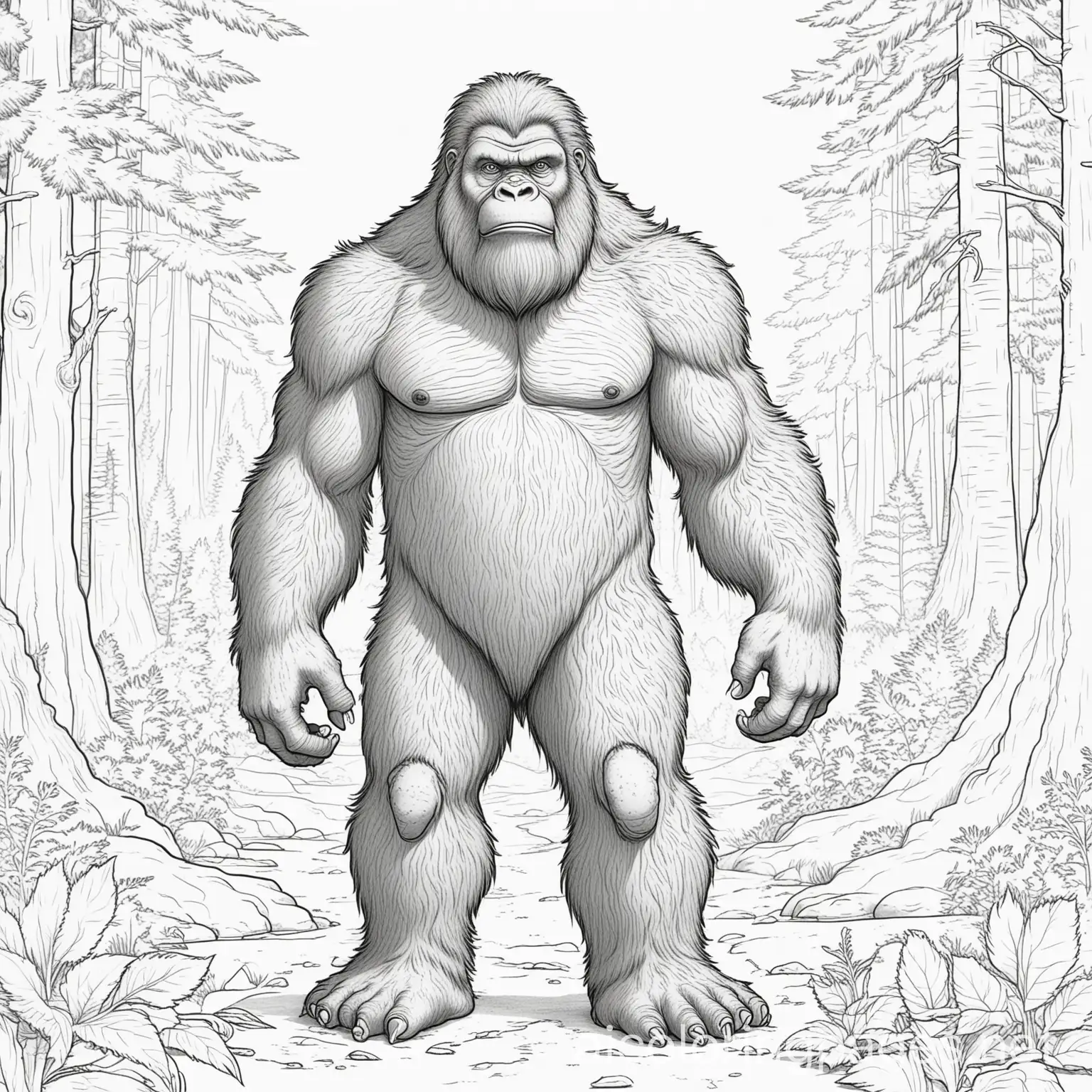 Bigfoot-Coloring-Page-with-Simple-Black-and-White-Line-Art-on-White-Background