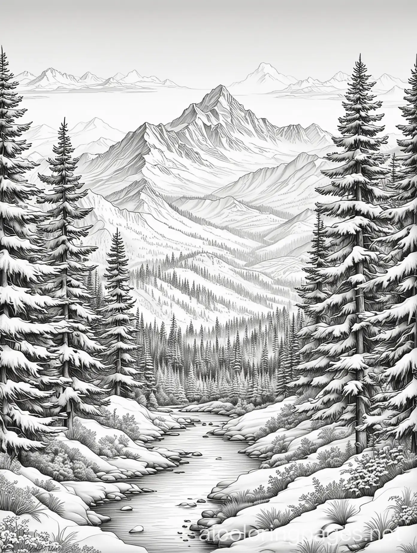 Serene mountain landscape with snow-capped peaks and evergreen trees, Coloring Page, black and white, line art, white background, Simplicity, Ample White Space. The background of the coloring page is plain white to make it easy for young children to color within the lines. The outlines of all the subjects are easy to distinguish, making it simple for kids to color without too much difficulty