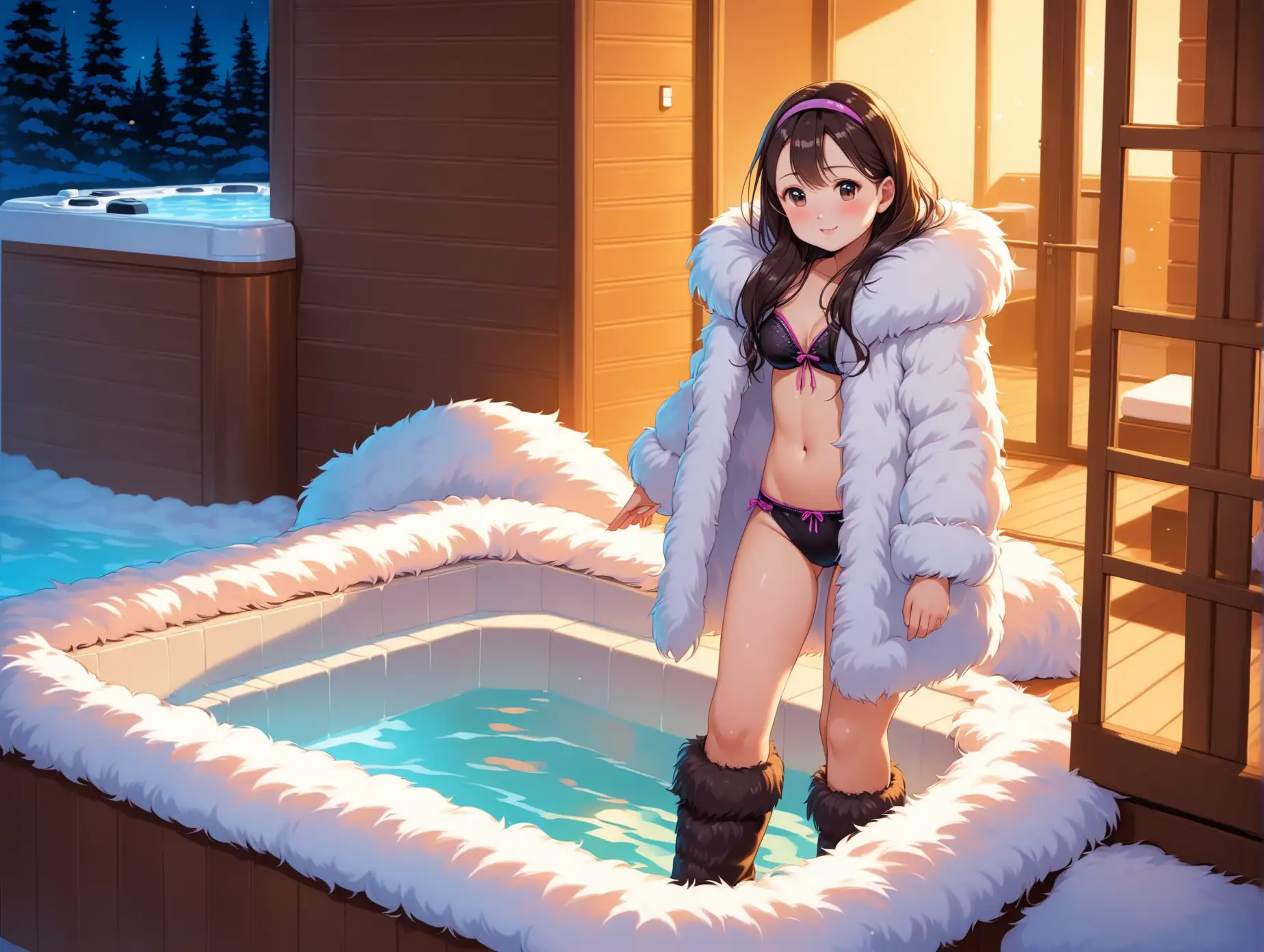 adorable 13 year old young girl, ((wearing a thick fluffy fur coat and fur boots)) about to enter the hot tub, (((fine fur)))