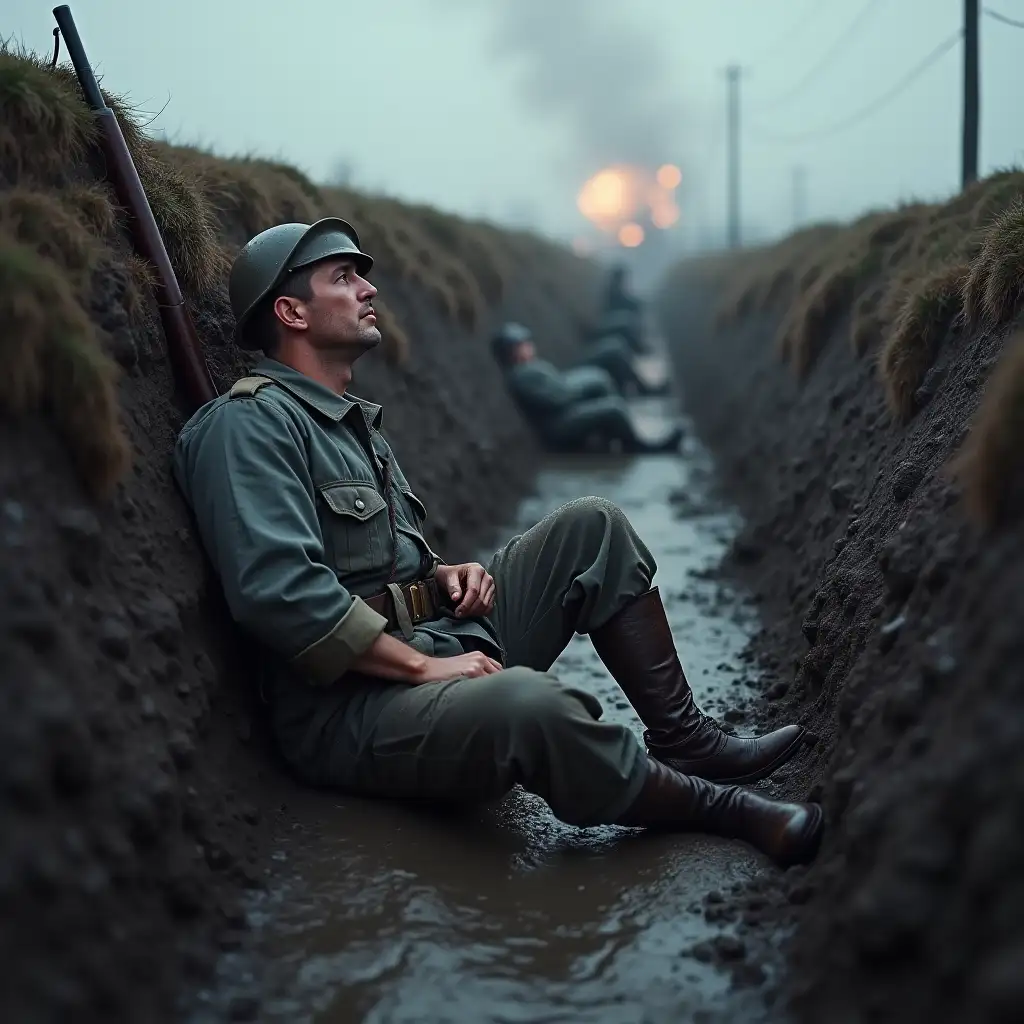 A French soldier in World War II waking up in a muddy trench at dawn. The soldier is wearing a worn-out blue horizon uniform, a helmet, and boots. The trench is muddy, with water puddles. His rifle is leaning against the trench wall. The background shows a gray, foggy sky and distant explosions in the background. The soldier is stretching, looking tired and weary. There is a feeling of exhaustion but also readiness for the day ahead.