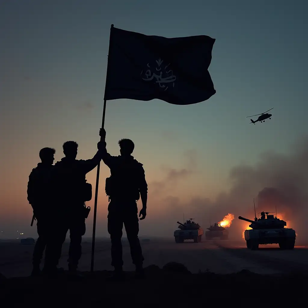 three male fighters from the Islamic country working together hard to raise a black flag at night on the battlefield and destroyed tanks appear behind them from afar and a helicopter falls in the sky and is on fire