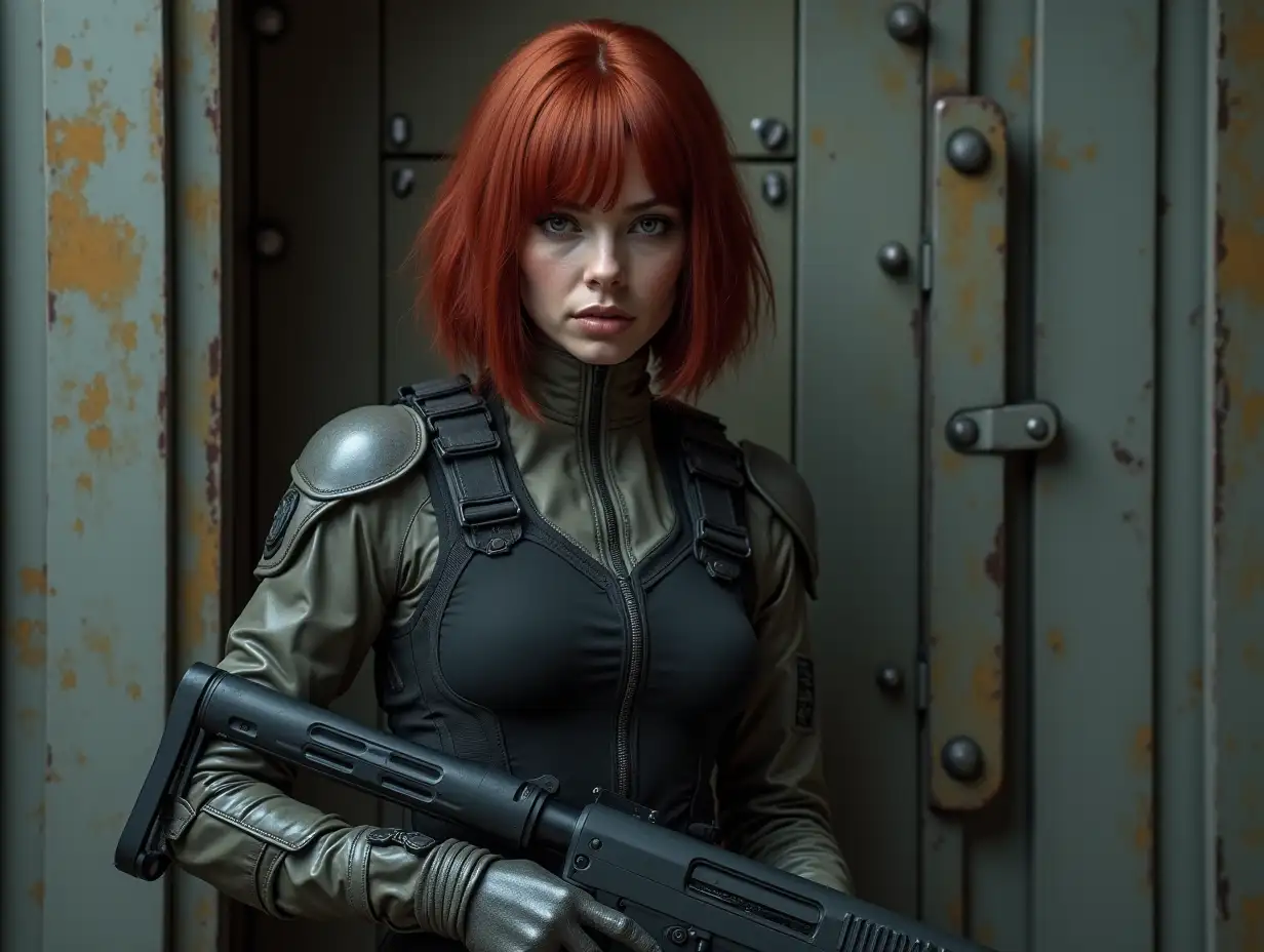 A Very Hyper Realistic Image Of A An Agent Redheaded bobbed haired Woman Of Northern European Descent wearing a black black tank top and gray leather tactical military suit with pouches on leather pants with leather boots and grey fingerless gloves holding a remington 870 with a giant mechanical door