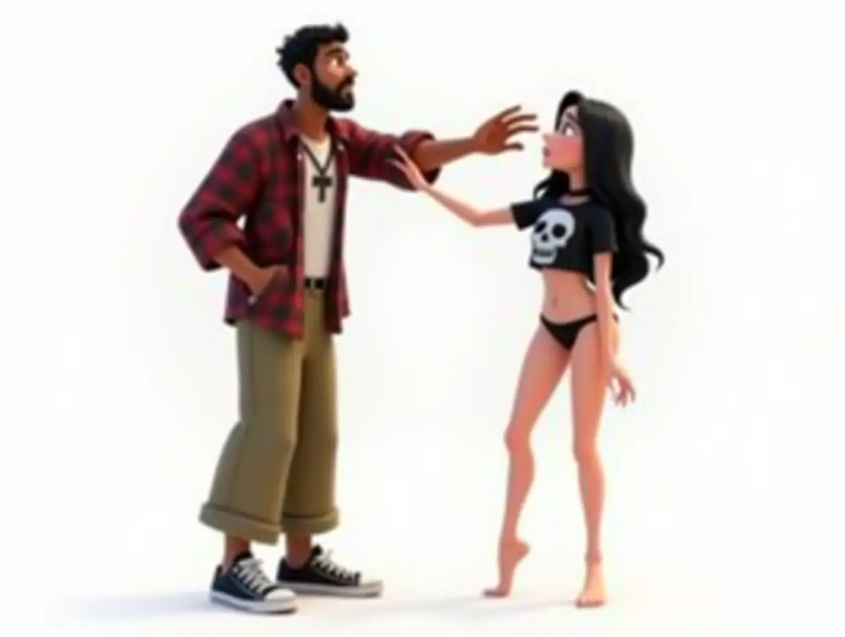 Create a highly accurately detailed Disney Pixar animation style 3-D poster titled Disney Pixar Presents “Goth Gal” featuring A 3D Cartoonish Version Of A tall Handsome scared frightened South Asian male adult Christian wearing a cross around his neck, long khaki pants and plaid shirt and sneakers being touched by a shorter very attractive fit looking Gothic-style young adult woman of Northwestern European Descent with long black hair. She is wearing a black t-shirt with a skull logo, a choker around her neck, and small black thong. She is barefoot. White Background in back . Movie Poster has the tagline “You couldn't resist her”