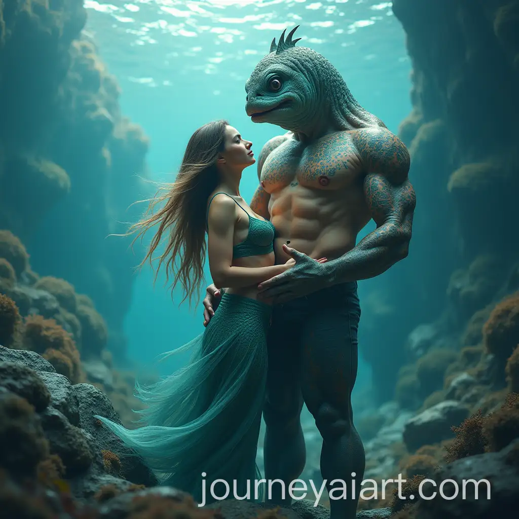 Mermaid-Woman-Held-by-Muscular-FishHeaded-Man-in-Aquatic-Universe