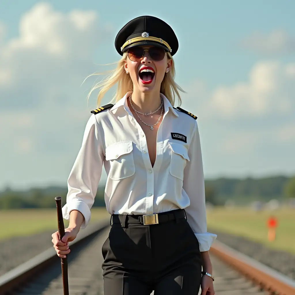 screaming pilot lady , in white unbuttoned airport security shirt, laughing with her mouth open, red lipstick accentuating her smile,belt on waist, jewerly, white skin, HD, holds long riding crop, photo-realism, walking on rails