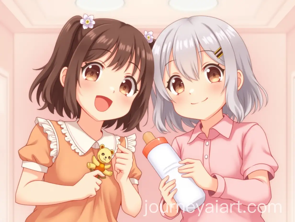 Cheerful-Iranian-Girls-Smiling-with-Baby-Rattle-and-Bottle-in-Soft-Pink-Lighting