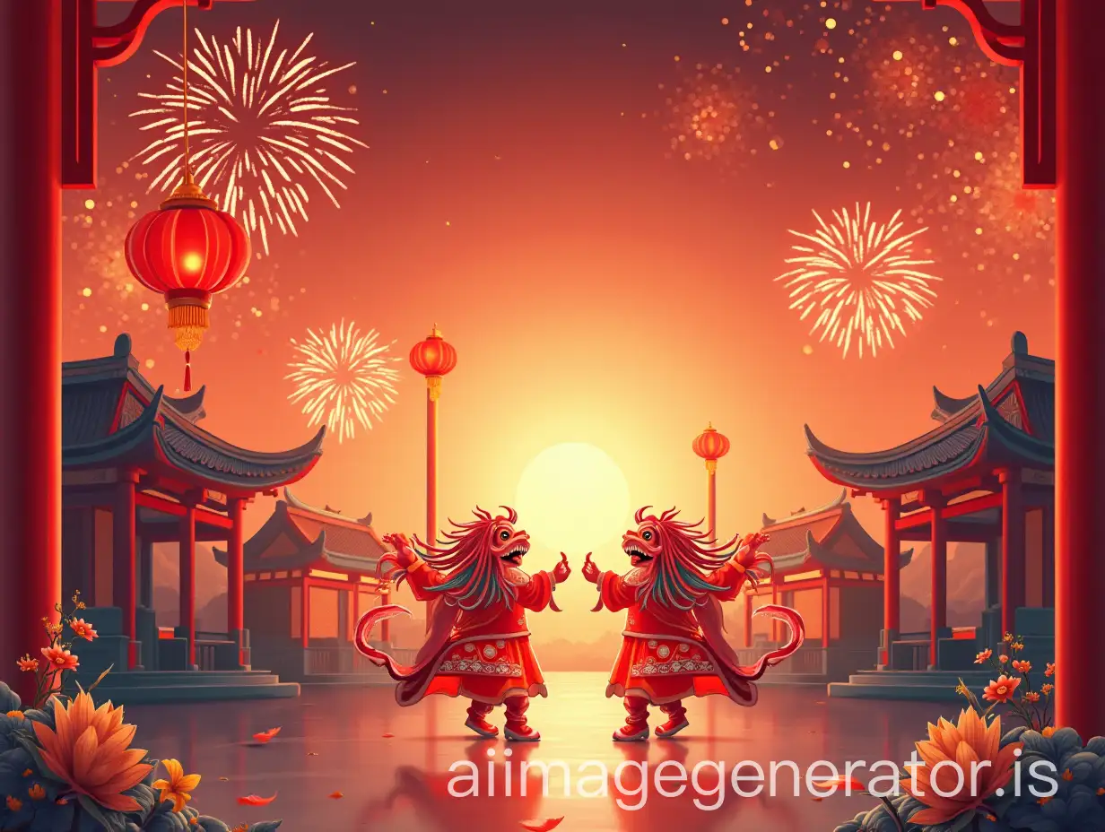 Create an illustration for Chinese New Year with Chinese dancers fireworks and lamppost