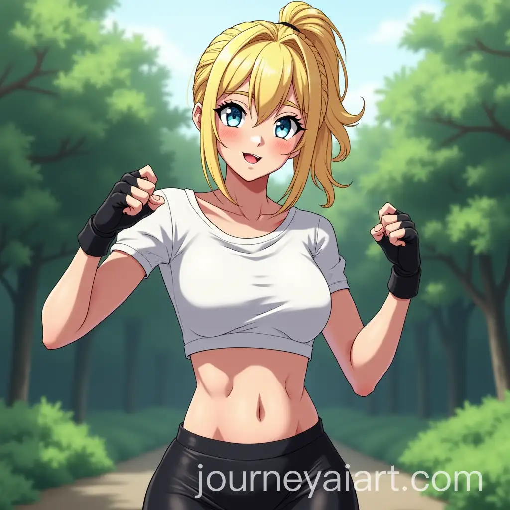 Blonde-Woman-in-Combat-Pose-with-Garden-Background