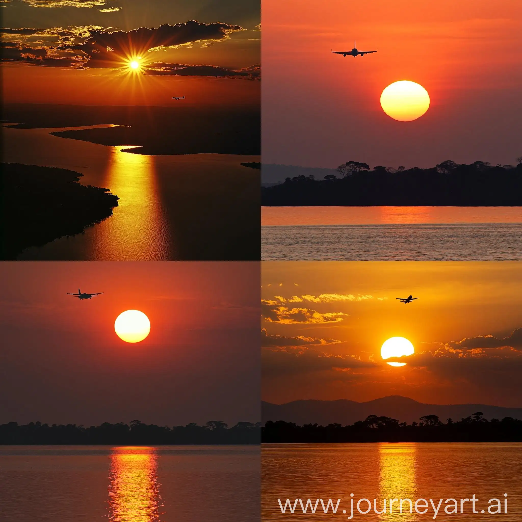 Sunset-over-Lake-Victoria-in-Central-Africa-with-Plane-Flying-Over-the-Sun