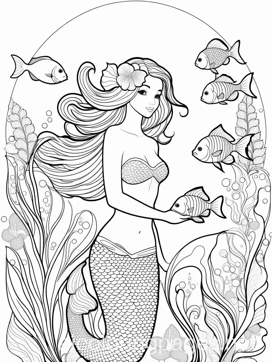 Mermaid-with-Tropical-Fish-Coloring-Page