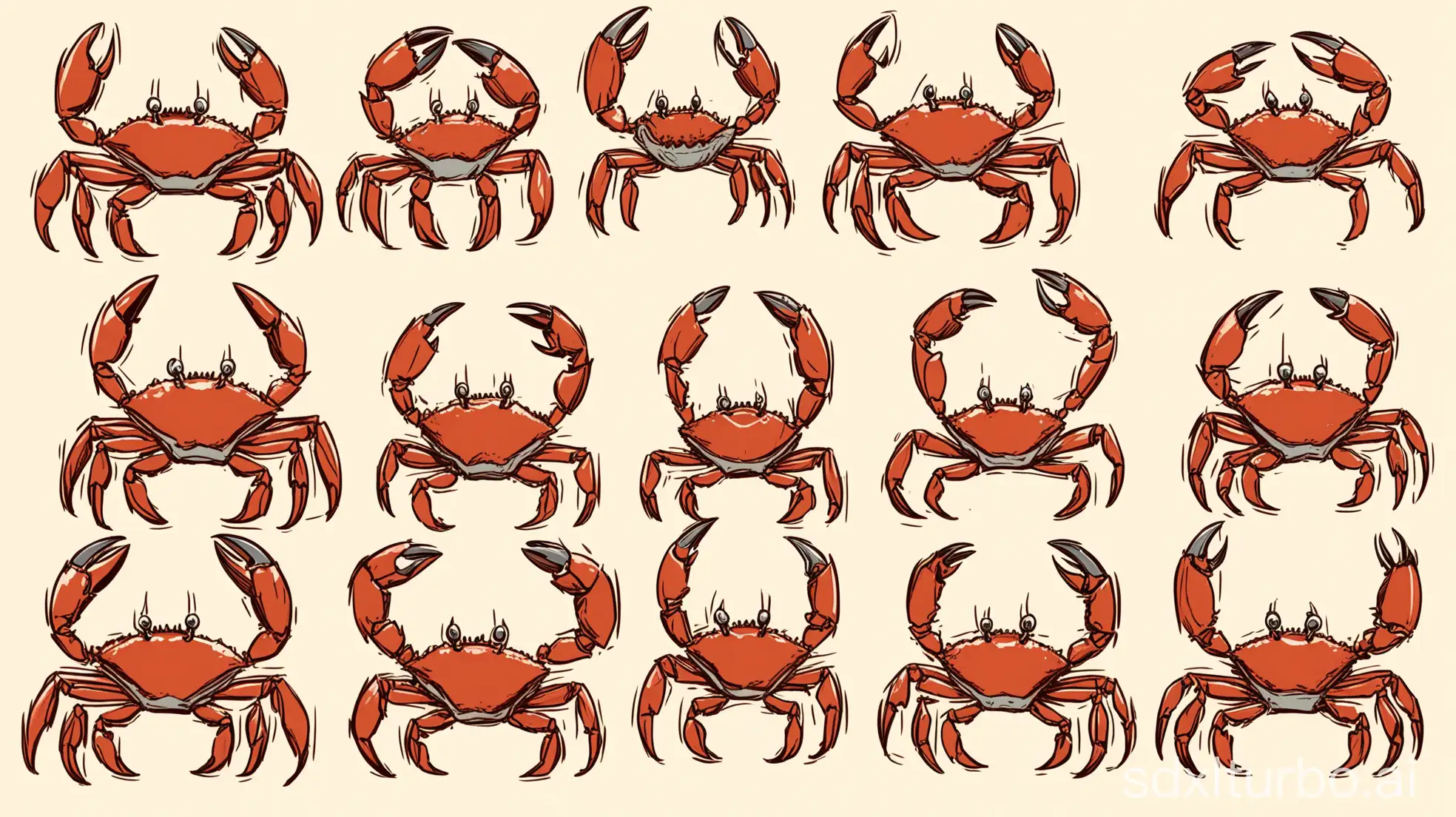 Draw a crab cutting a wire with its crab claws. Make a sketchdump with 10 illustrations of a crab.