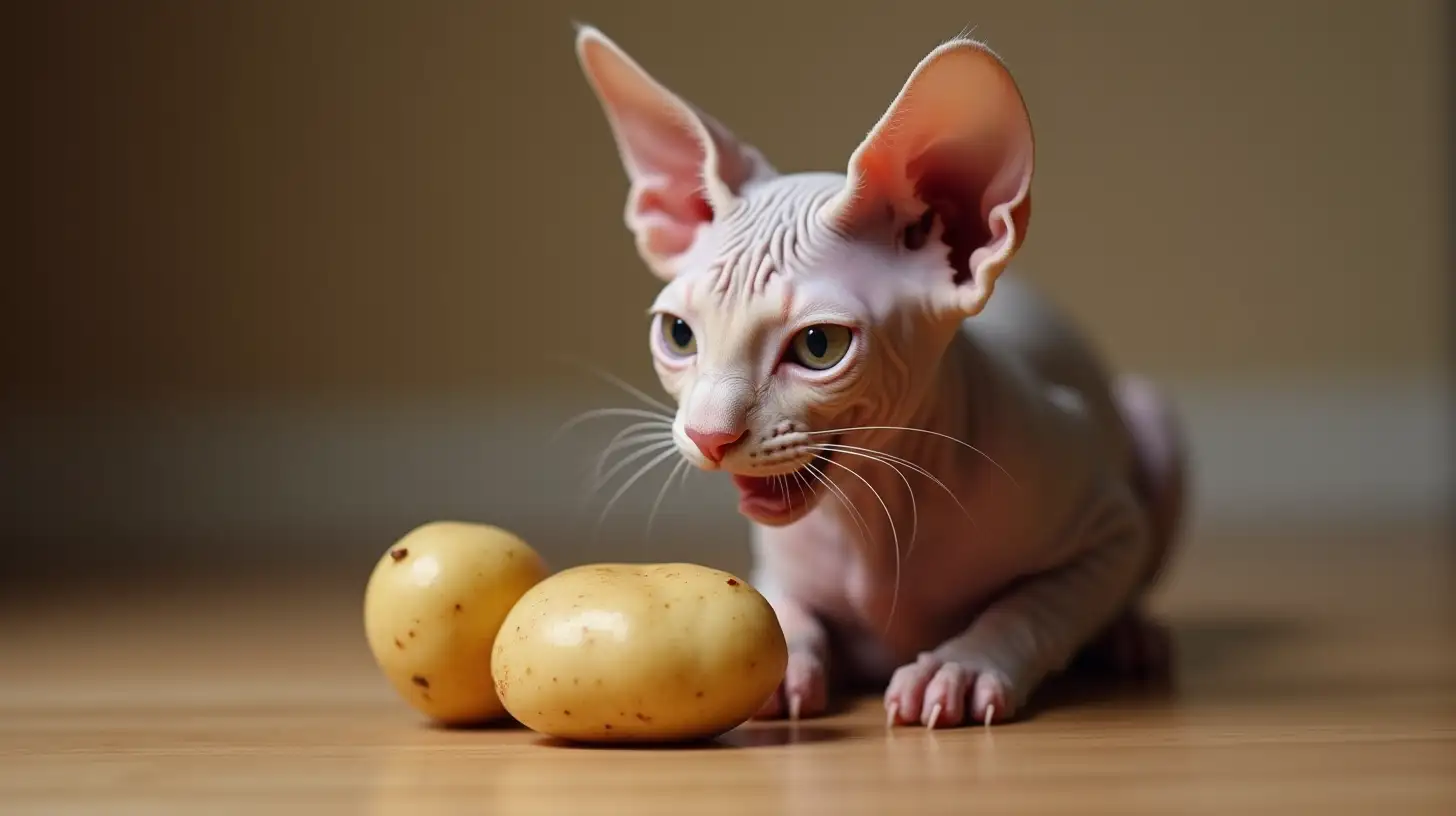 Sphynx Cat Enjoying a Unique Meal of Potatoes