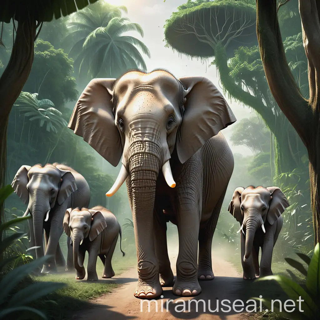 Elephant Family Walking Through Dense Jungle