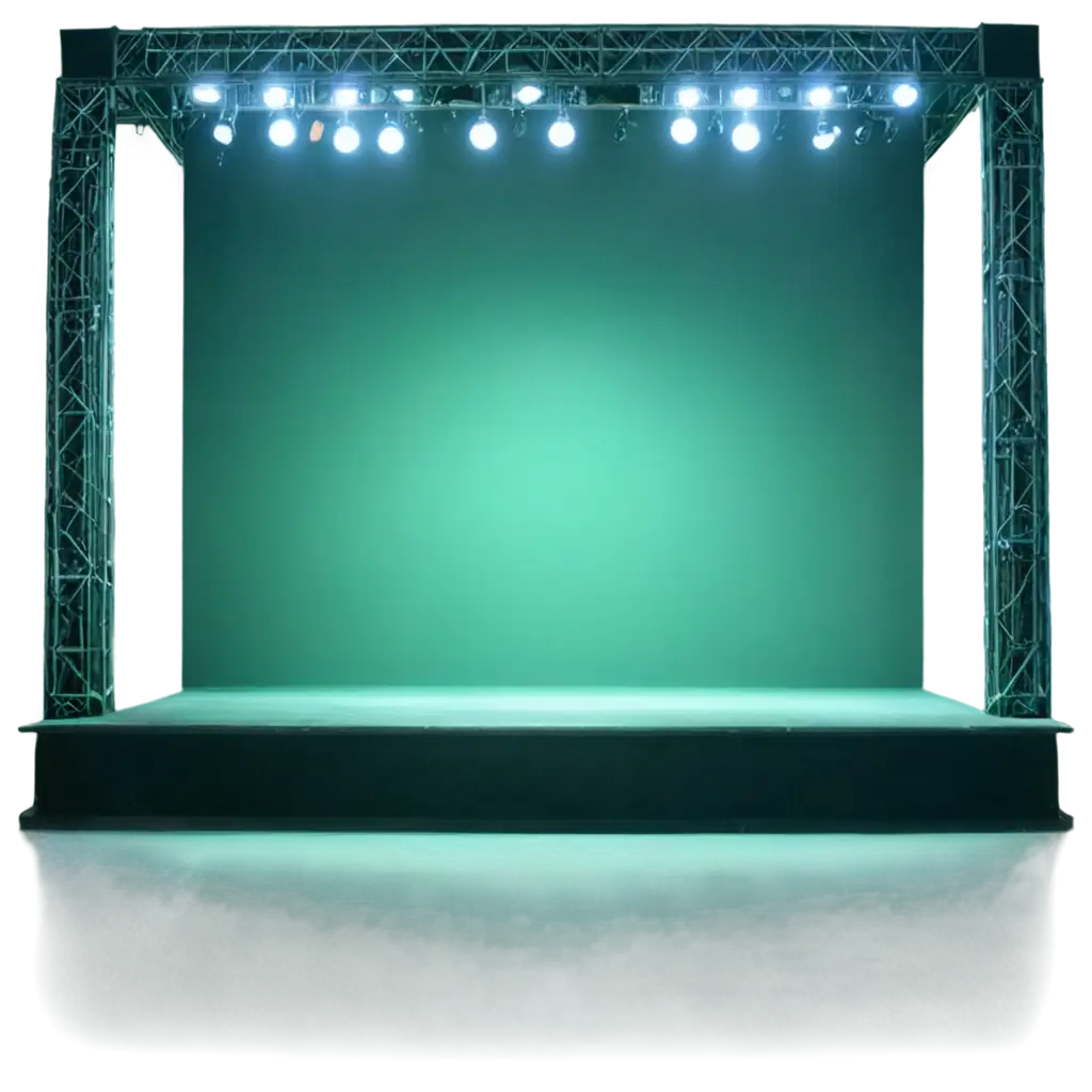 An empty stage, with bluish-green atmospheric lighting