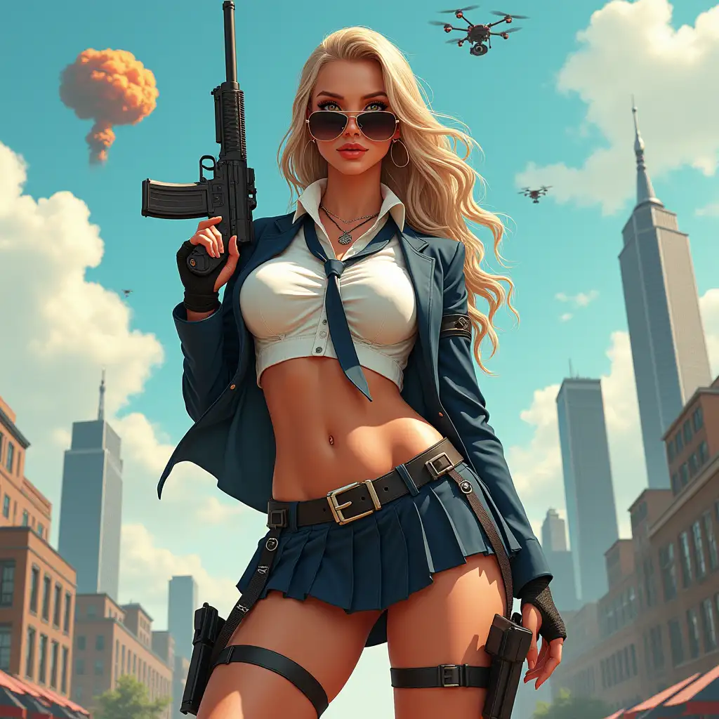 Wide-angle digital painting, (Beautiful large breast woman in stylish school uniform, combat boots, very extreme midriff showing, short skirt, and sunglasses : 1.3), Triangular composition, Dynamic full-length pose, Confident expression, (Armed mercenary: 1.3), Gun grip, Supporting pose, City background, Skyscrapers in the distance, nuclear explosion in extreme distance, two small targeting drones above, (Bright sunlight: 1.2), Sharp contrasts, Bold colors, Clear details. female mercenary in cool cyberpunk style in colorful fantasy style, realism, post-apocalyptic landscape, cartel, bald rod, oil painting, rod Nostalgia, strong emotions, low angle, high detail, sharp focus