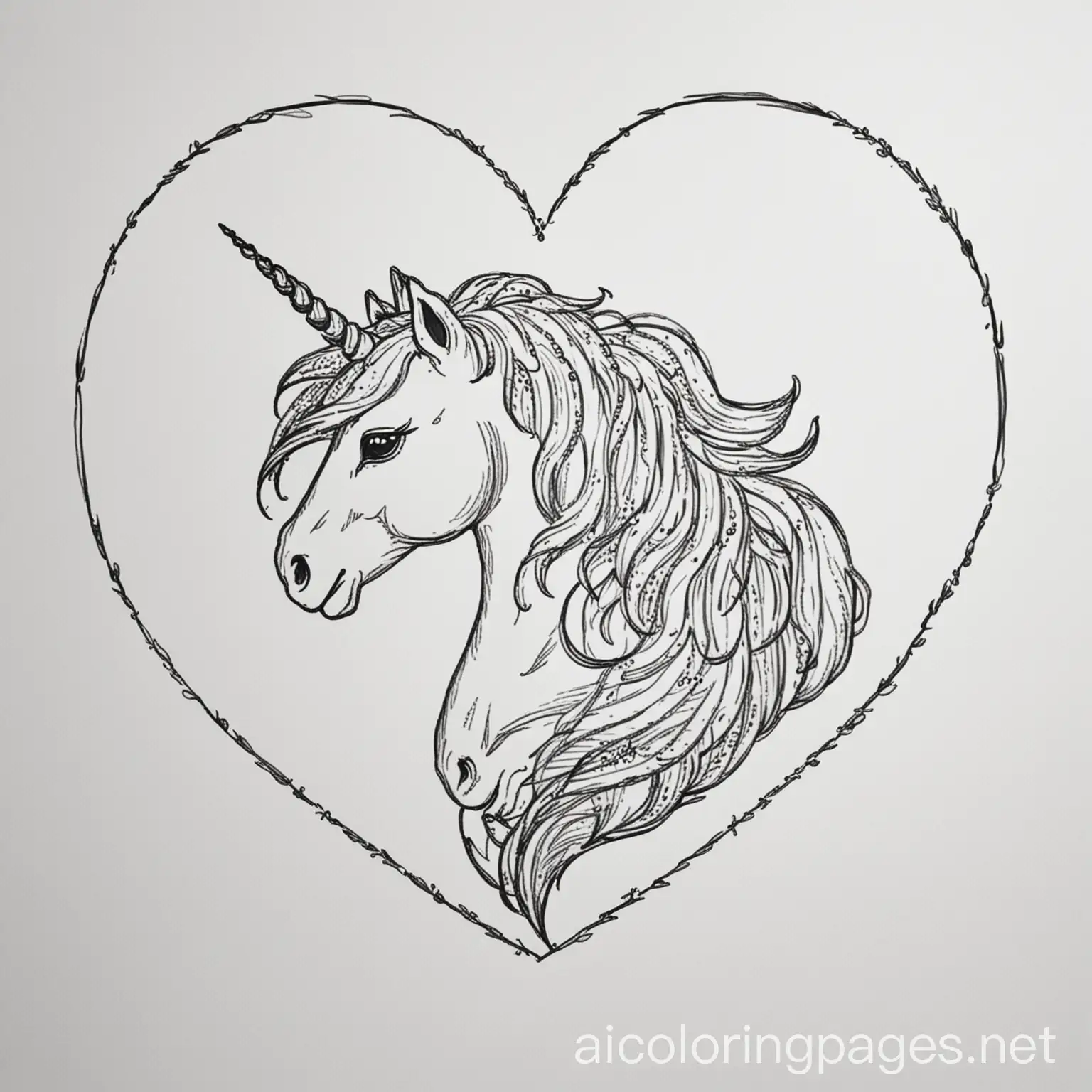 unicorn inside of a heart, Coloring Page, black and white, line art, white background, Simplicity, Ample White Space. The background of the coloring page is plain white to make it easy for young children to color within the lines. The outlines of all the subjects are easy to distinguish, making it simple for kids to color without too much difficulty