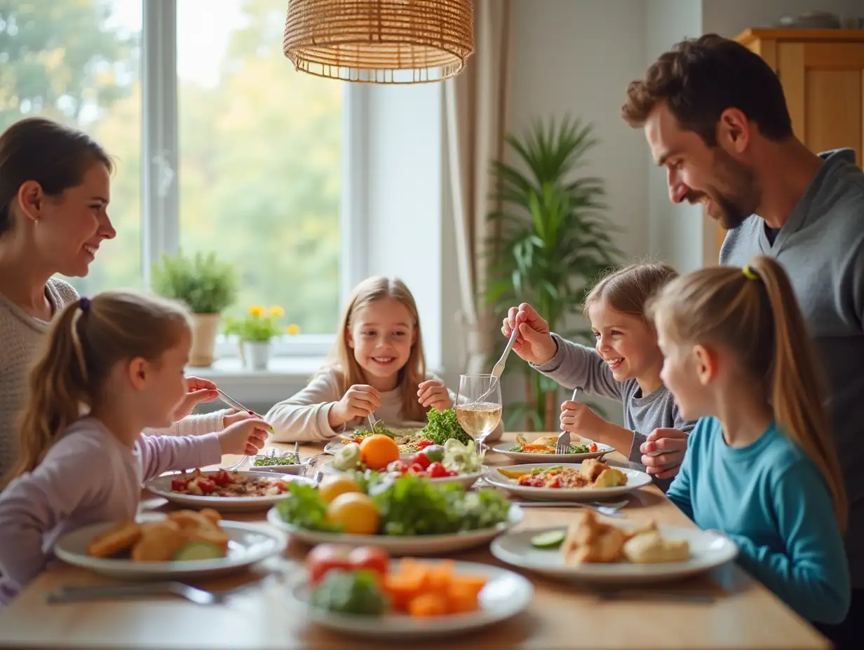 A family having dinner together in a spacious and well-lit dining room, three children and two parents. Lots of healthy food on the table.