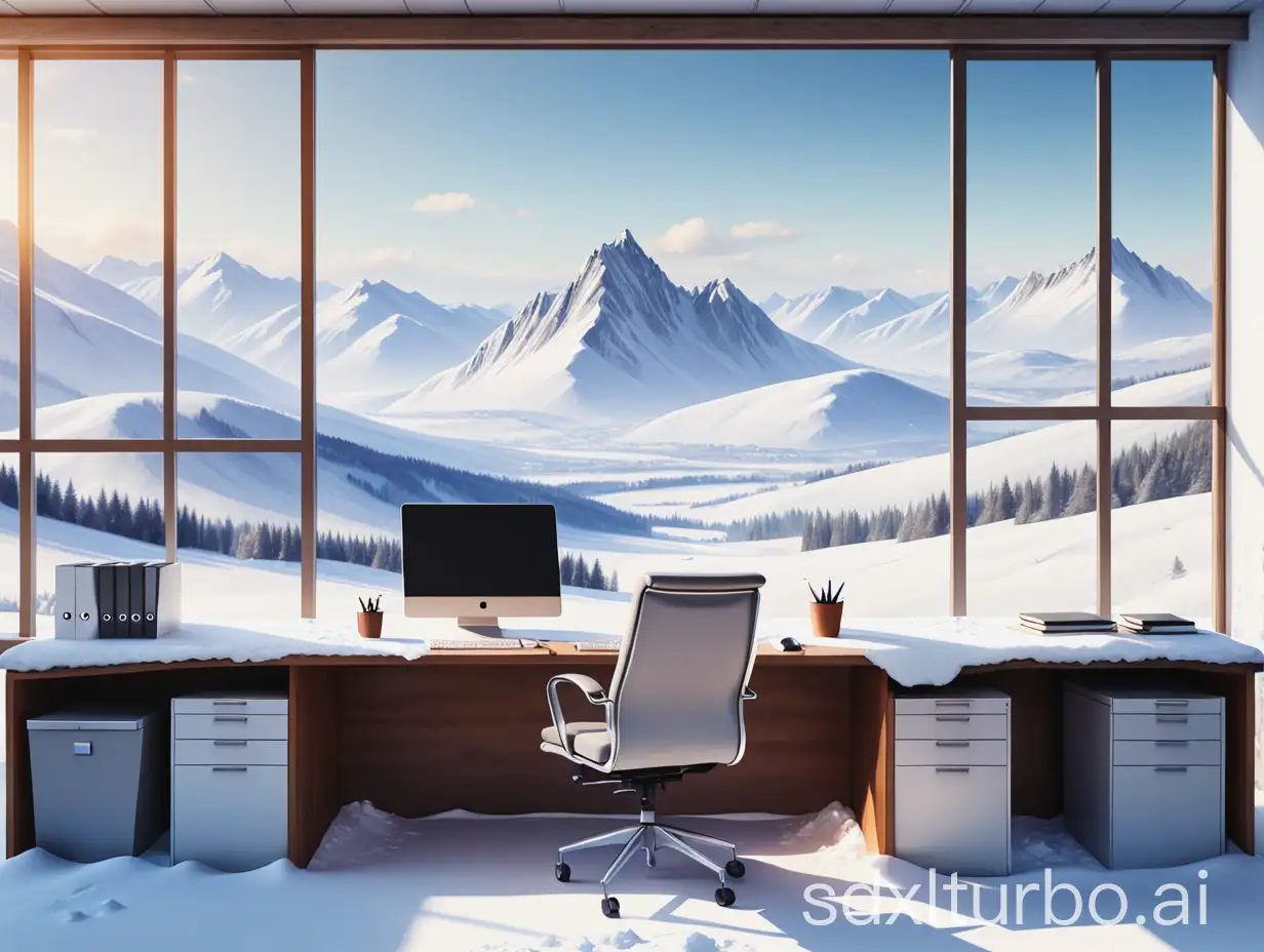 wide open winter landscape, snowy hills and mountain peaks, office desk in the foreground