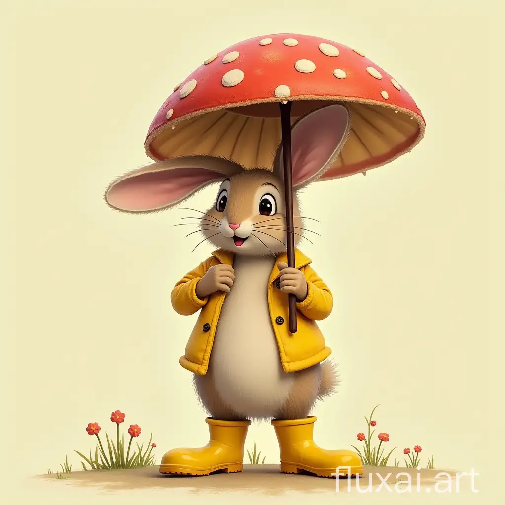 a rabbit in yellow rubber boots with a mushroom umbrella