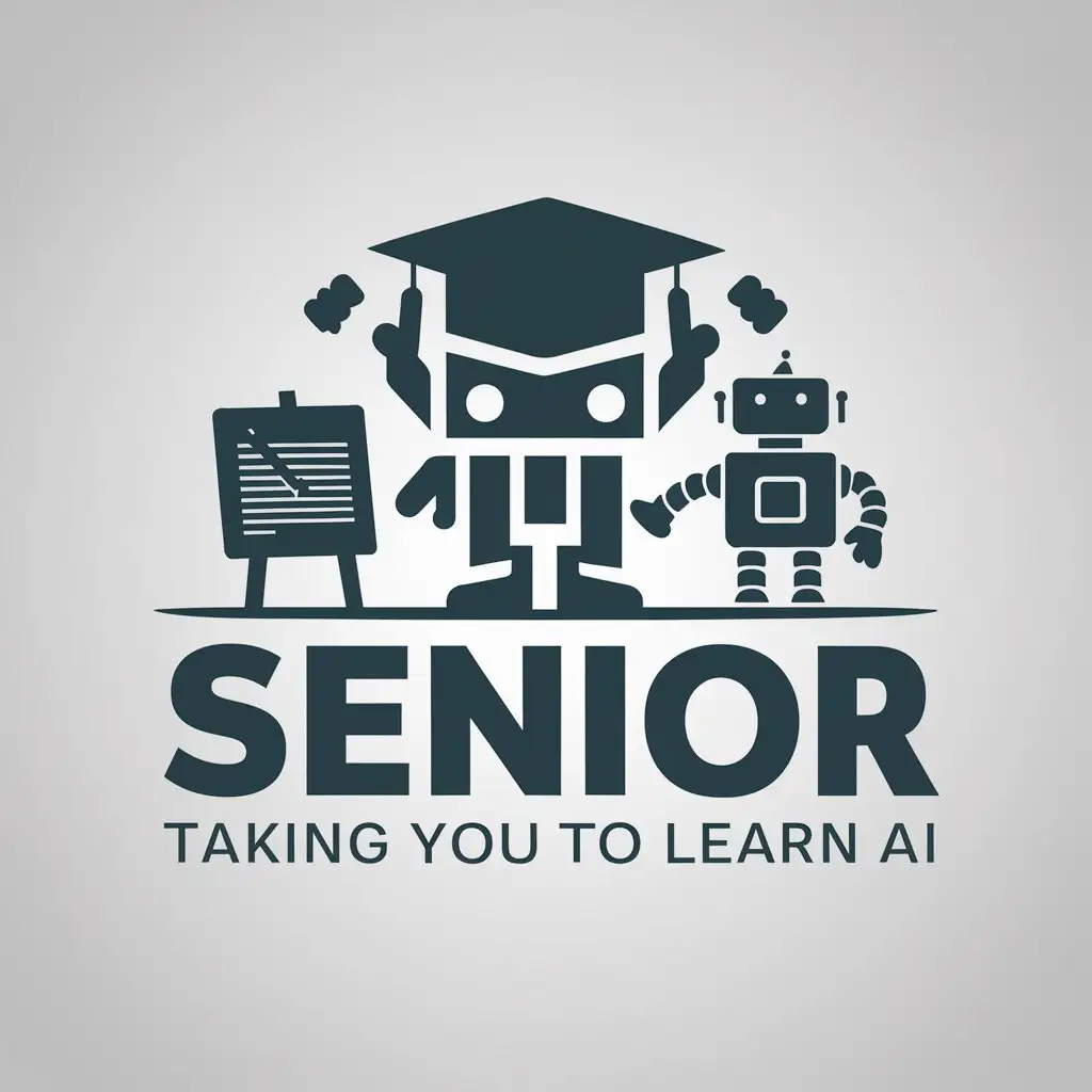 a vector logo design,with the text "Senior taking you to learn AI", main symbol: mortarboard, blackboard, robot,Moderate,clear background