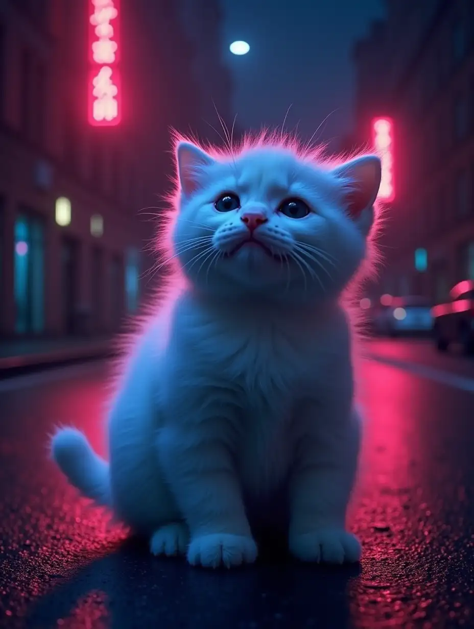 white little crying sad kitty on the night neon street near at the road looking down