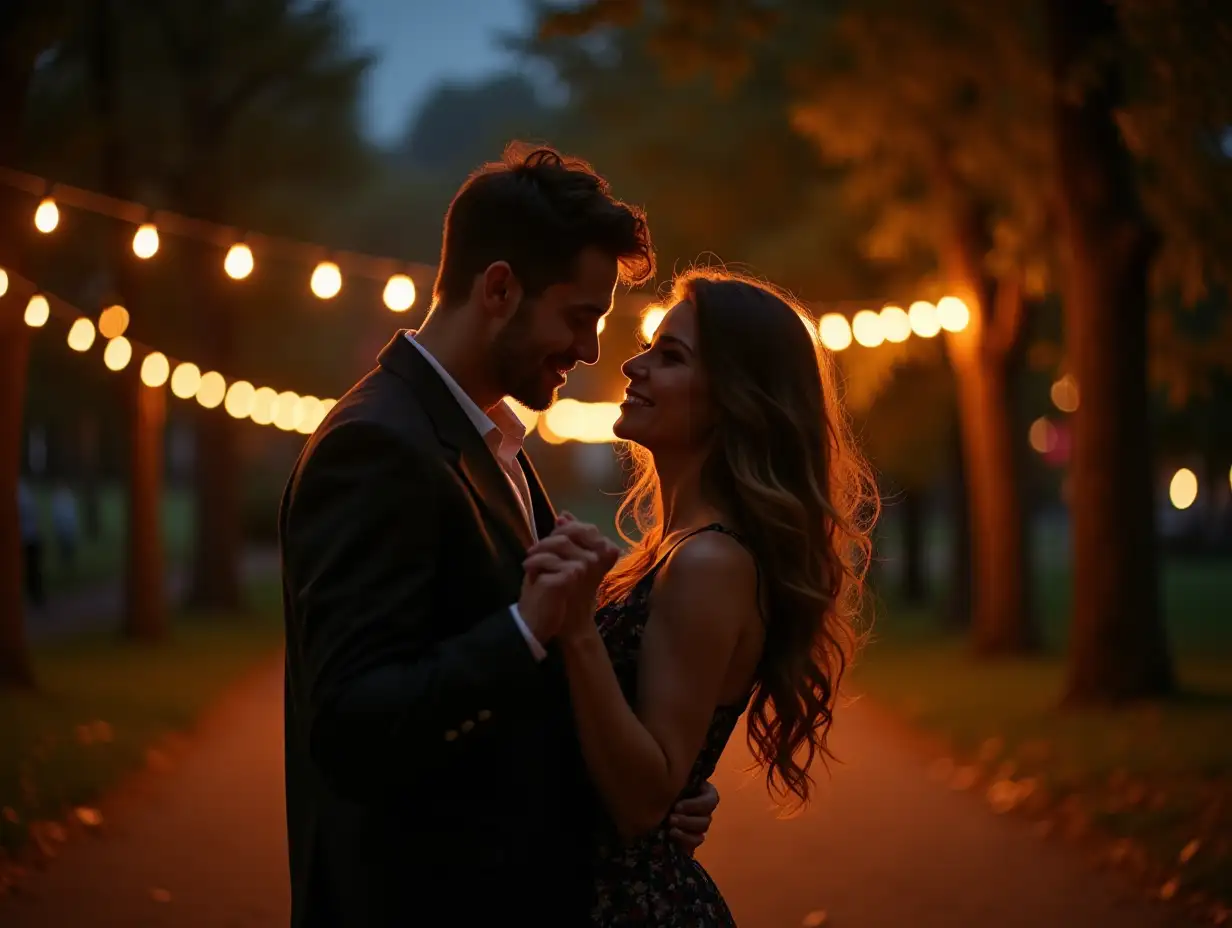 a man and woman dancing in a park at night with string lights in the background, by Silvia Dimitrova, romanticism, shutterstock, couple dancing, dancing with each other, romantic scene, smiling and dancing, man and woman in love, lovely couple