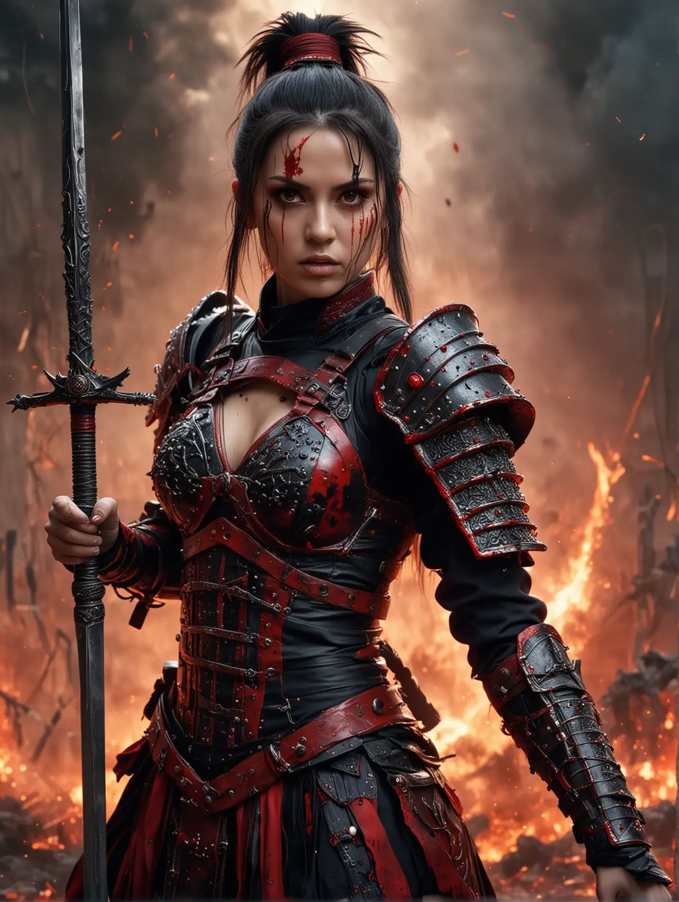 Medium close up view captired, A masterful and striking conceptual art potrait, showcasing beauty red eyes Maria Ozawa with ponytail hair wears ancient heavenly warrior suit, holding a long sword, deeply immersed in the chaotic energy of a war Zone with explosions everywhere, Fire and smoke effect, Dynamic combat action pose at battle field background with amazing ray tracing of daylight.