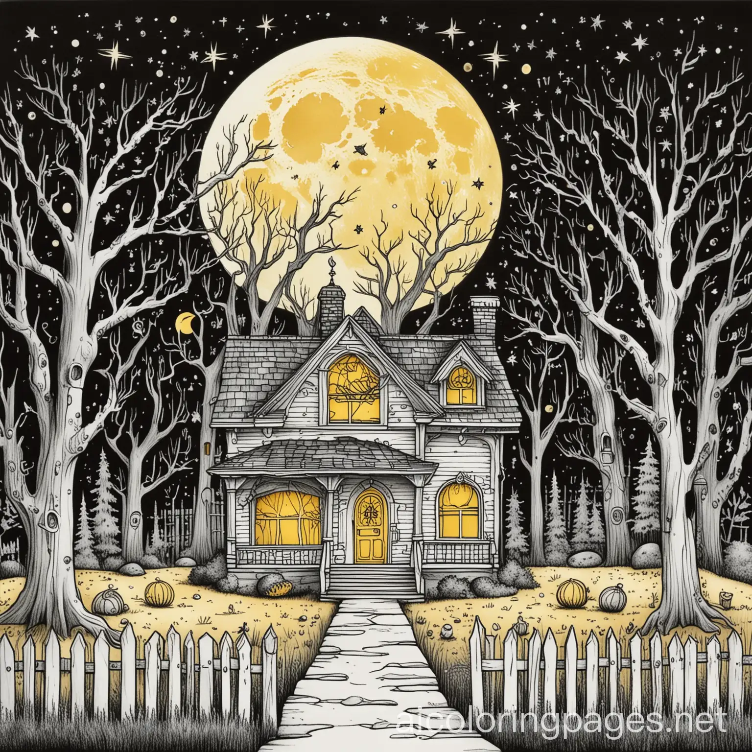 Spooky-Haunted-House-Coloring-Page-with-Yellow-Moon-and-Glowing-Stars