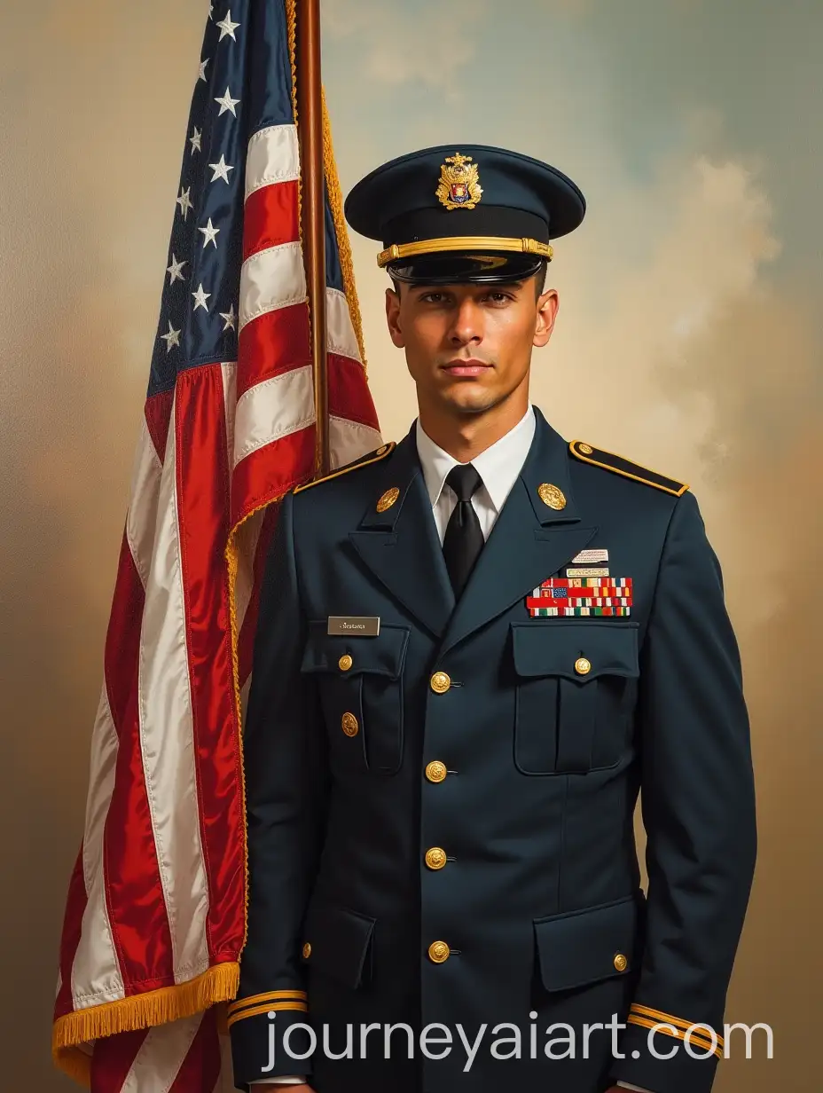 Military-Officer-Standing-Proudly-Next-to-Flag-in-Oil-Paint