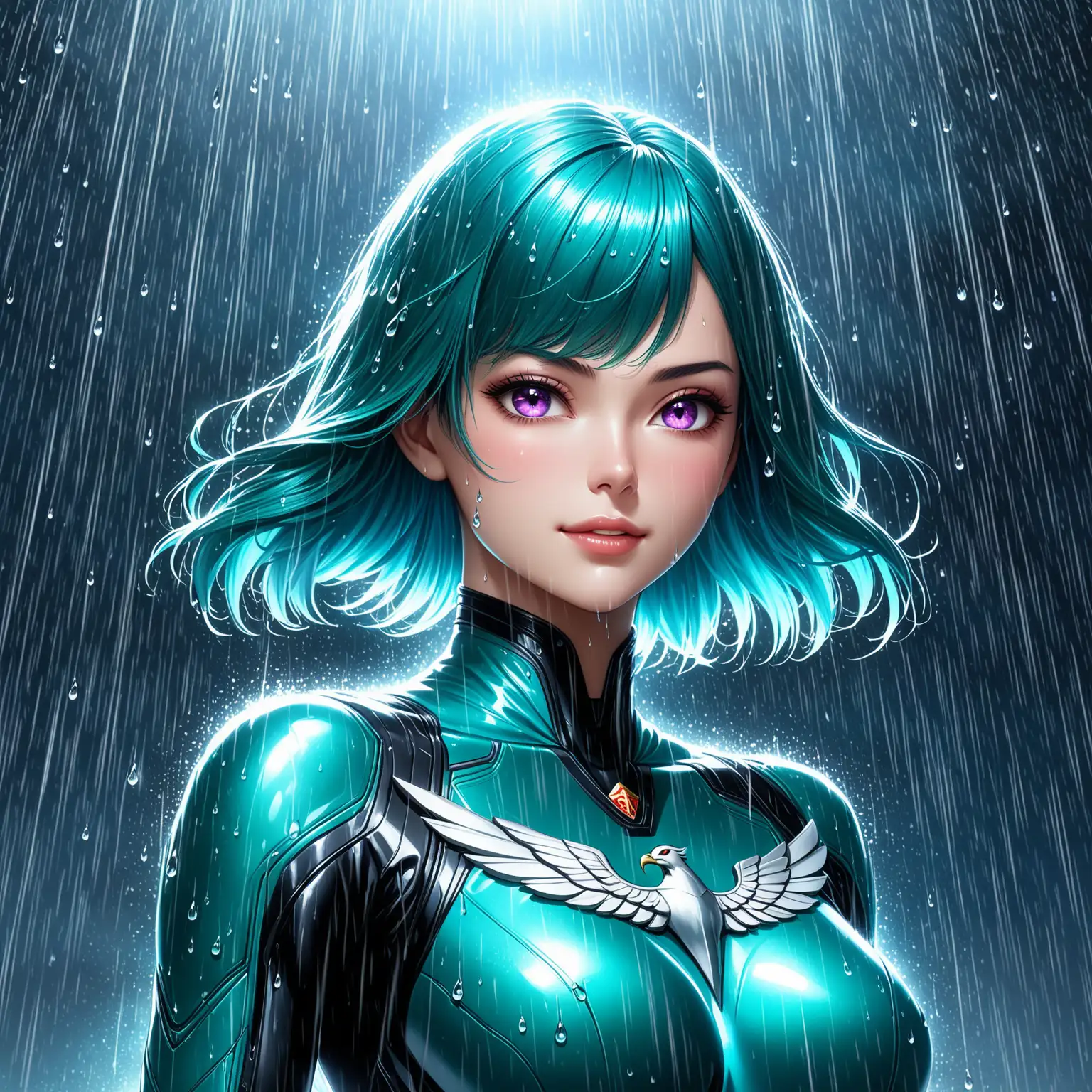 A stunningly realistic anime-style portrait of a young woman with cascading purple royal blue green hair and piercing red eyes, standing resolute in the rain. She confidently smirks upward, her futuristic bodysuit adorned with a bold phoenix emblem. The raindrops create a dynamic and emotional atmosphere, splashing and falling around her. The soft, striking lighting accentuates the water droplets and her expressive face, drawing the viewer into her determined gaze and the rain-soaked scene. The background blurs, further highlighting the woman's powerful presence amidst the rain. (masterwork:1.5), (prize-winning:1.4), (superrealism:1.3), (16K UHD:1.3), (ultrarealistic:1.3), extremely detailed, elaborate, breathtaking visuals, razor-sharp clarity, rich colors, strong contrast, flawless lighting, extensive dynamic range, studio quality, full HD, immersive perspective, brilliant, exquisite, awe-inspiring, panoramic scale, cutting-edge textures, lifelike materials, Dolby Vision, 16K resolution, advanced rendering, light scattering, microscopic details, impeccable clarity, seamless integration, sophisticated composition, highly polished, state-of-the-art, top-notch, exquisite, remarkable, unparalleled precision, true-to-life, artistic genius, immaculate