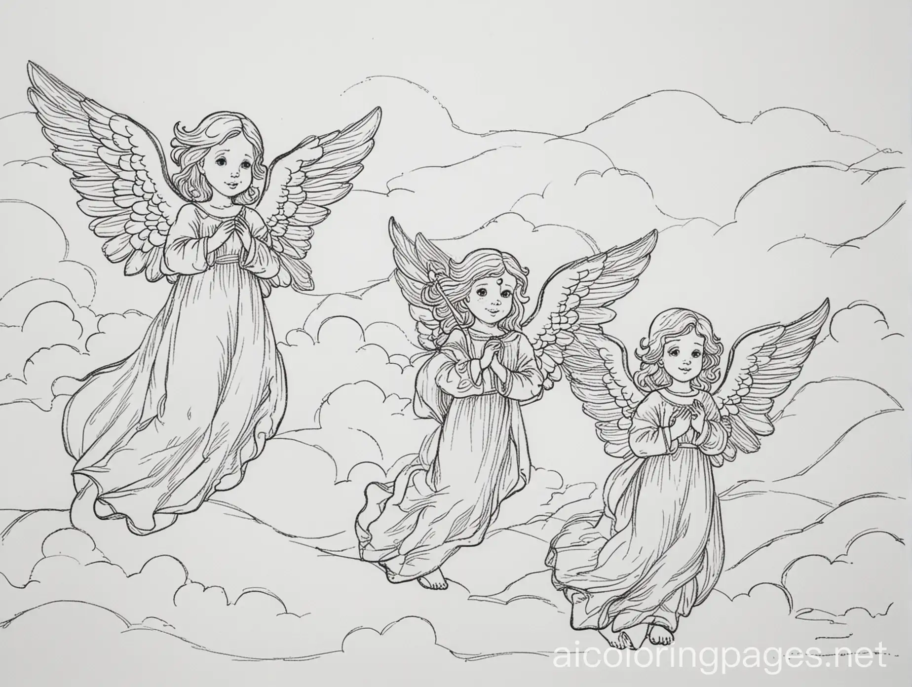 Childrens-Coloring-Page-Angels-in-the-Sky-Black-and-White-Line-Art