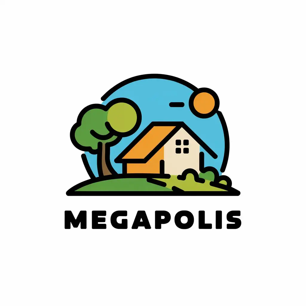 a vector logo design,with the text "Megapolis", main symbol:house and tree nearby,Moderate,clear background