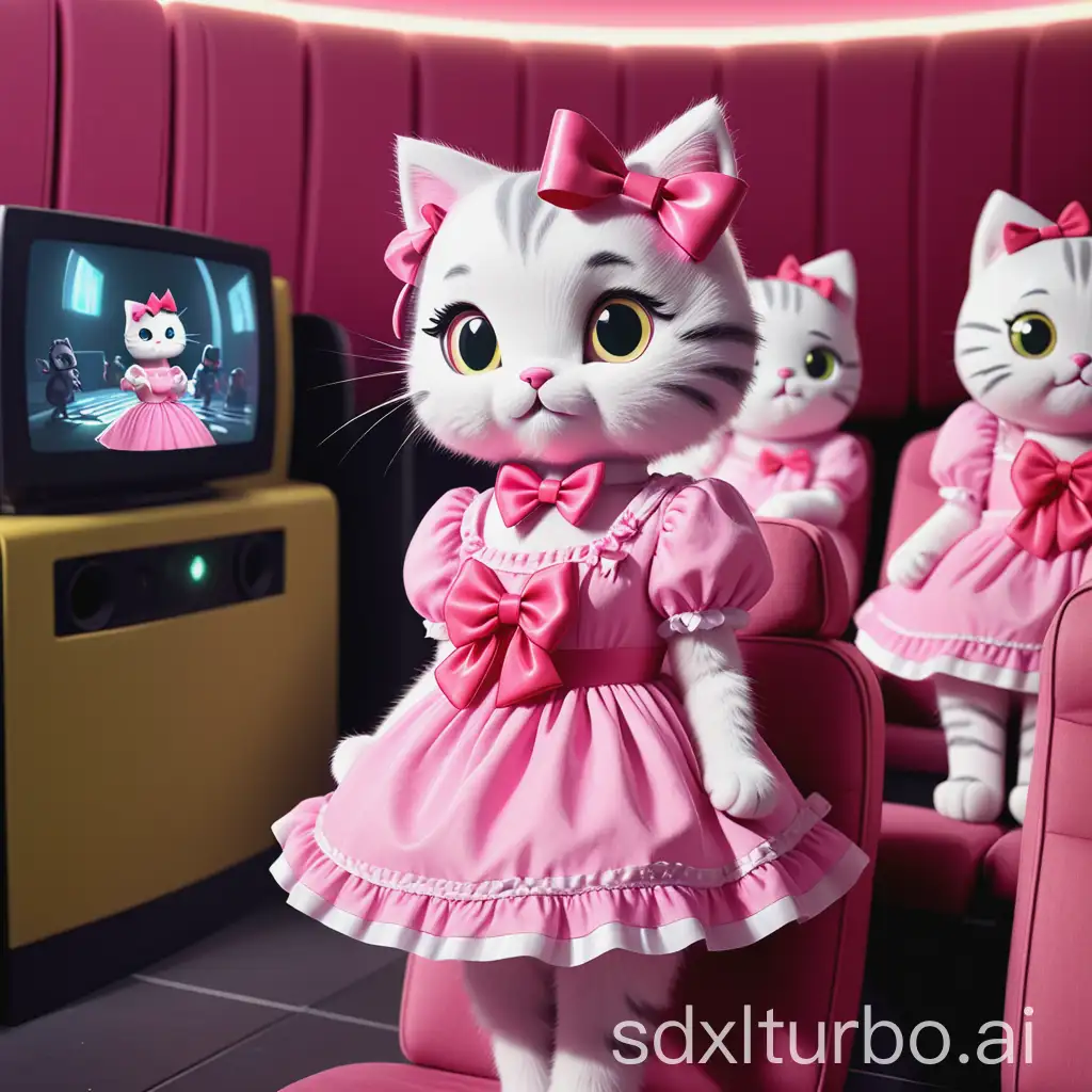 kitty is dressed in a pink dress with bows, watching music videos with her friends at the cinema