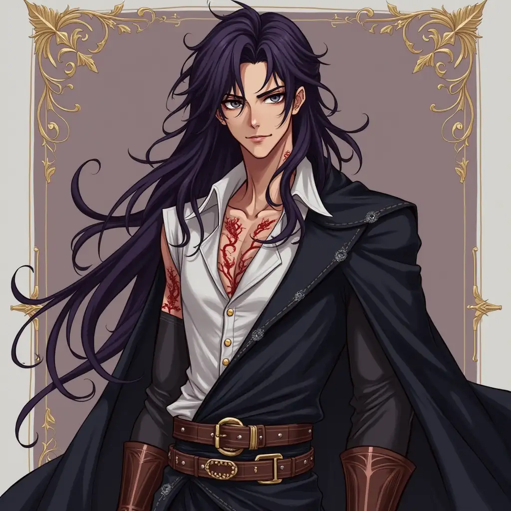 Cesar (21 years old) has very long dark purple hair and brown eyes with a hint of greenish tinge framed by noticeable dark circles, he has an athletic build although missing his left arm and his body covered in old scars but not on the face, particularly on the torso. He wears a single-shoulder black cloak with a belt on it, a non-elegant white shirt and black and silver pants with high brown boots with straps and of course his sword (anime, he is the demon prince of lust so he has a provocative and seductive gaze)