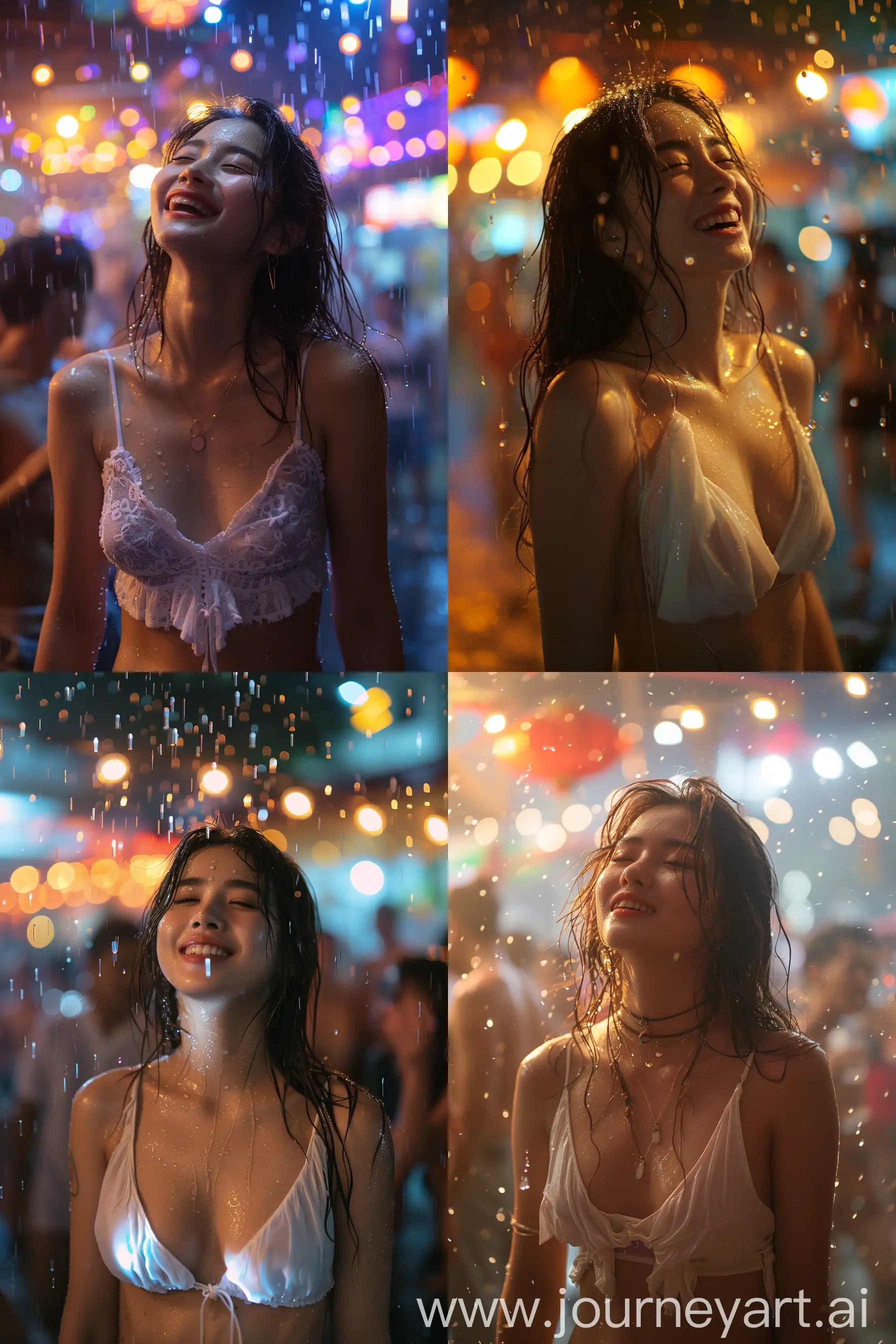 Elegant-Asian-Woman-Dancing-in-Rain-at-Vibrant-Outdoor-Nightclub