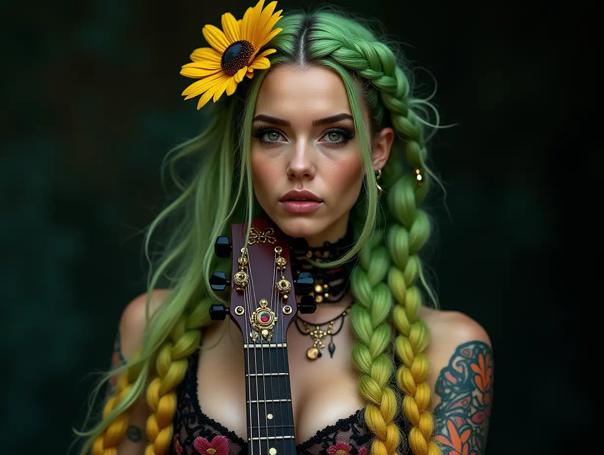 user_prompt: Hyperrealistic representation of a beautiful white woman with -tattoo, futuristic long green yellow mixed braided hair and laced boots, holding electric guitar flowers in her hand with intricately detailed, colorful and futuristic jewelry. Background blurred black 120-mm shot