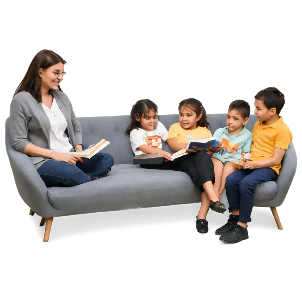 Teacher seating on sofa with seating with kids surrounding  with books Happy Teachers Day!