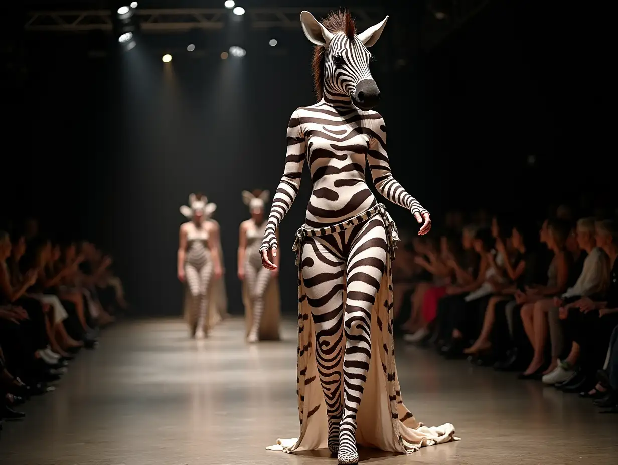 CI-Fantasy, a mixture of woman and zebra head design with beautiful costume made of cowhide, shoes at a fashion show