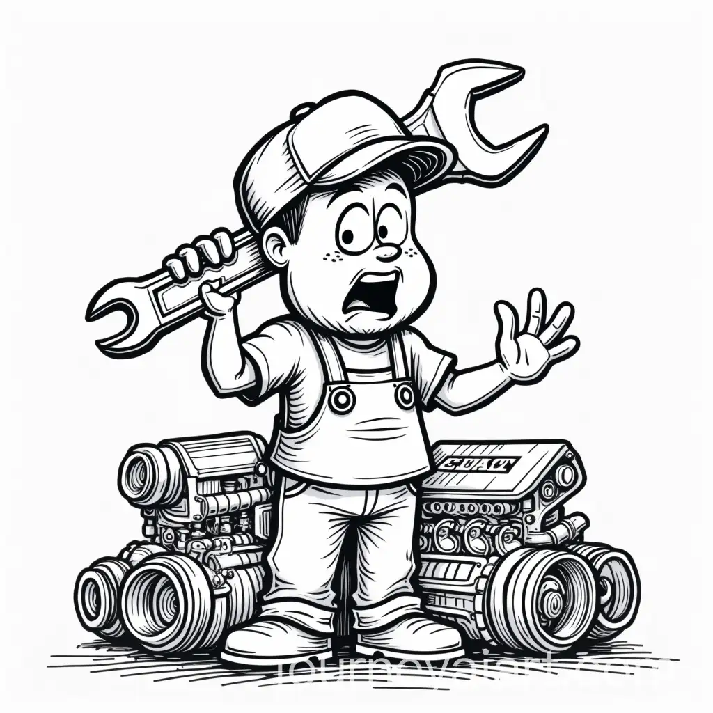 Surprised-Mechanic-with-Oversized-Wrench-and-Engine-Parts