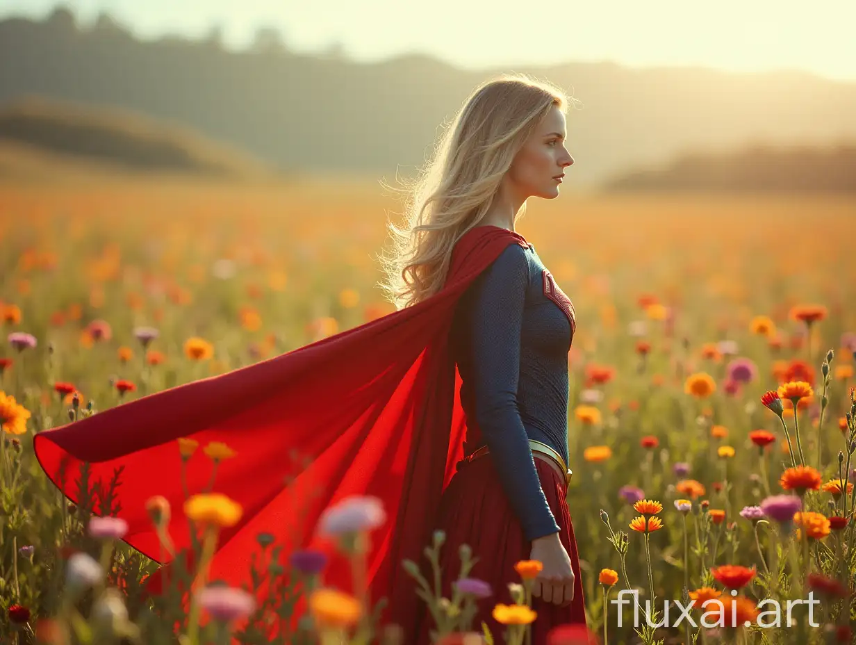 beautiful supergirl with man of steel suit by zack snyder standing in a beautiful field of flowers, colorful flowers everywhere, perfect lighting, leica summicron 35mm f2.0, Kodak Portra 400, film grain