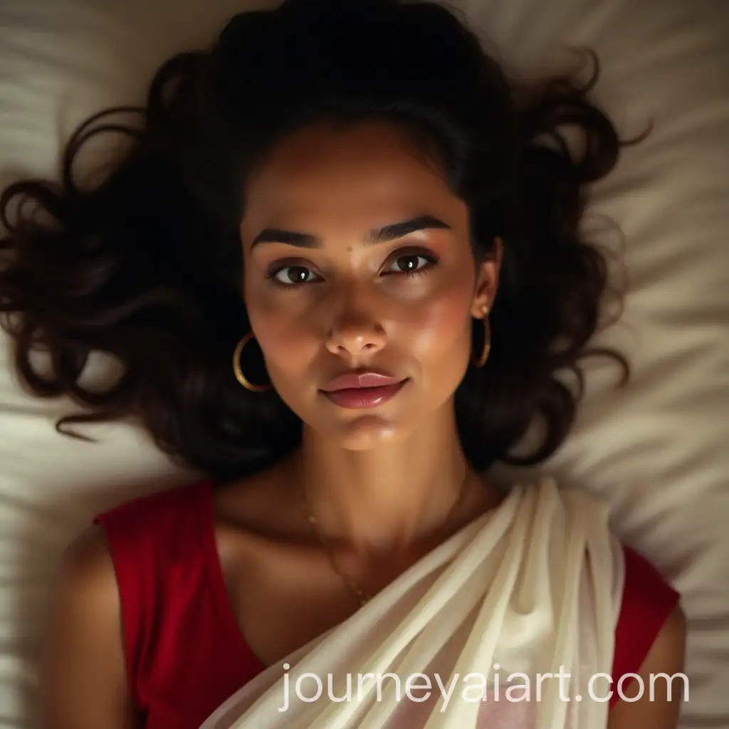 Beautiful-Indian-Woman-Laying-on-Bed-with-Dramatic-Lighting-and-Light-Makeup