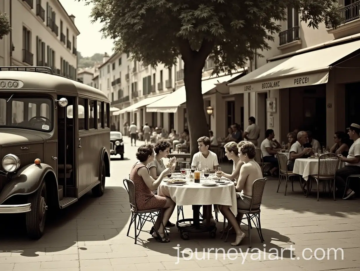 Antibes-Village-Scene-with-PreWar-Bus-and-Diners-Enjoying-Wine